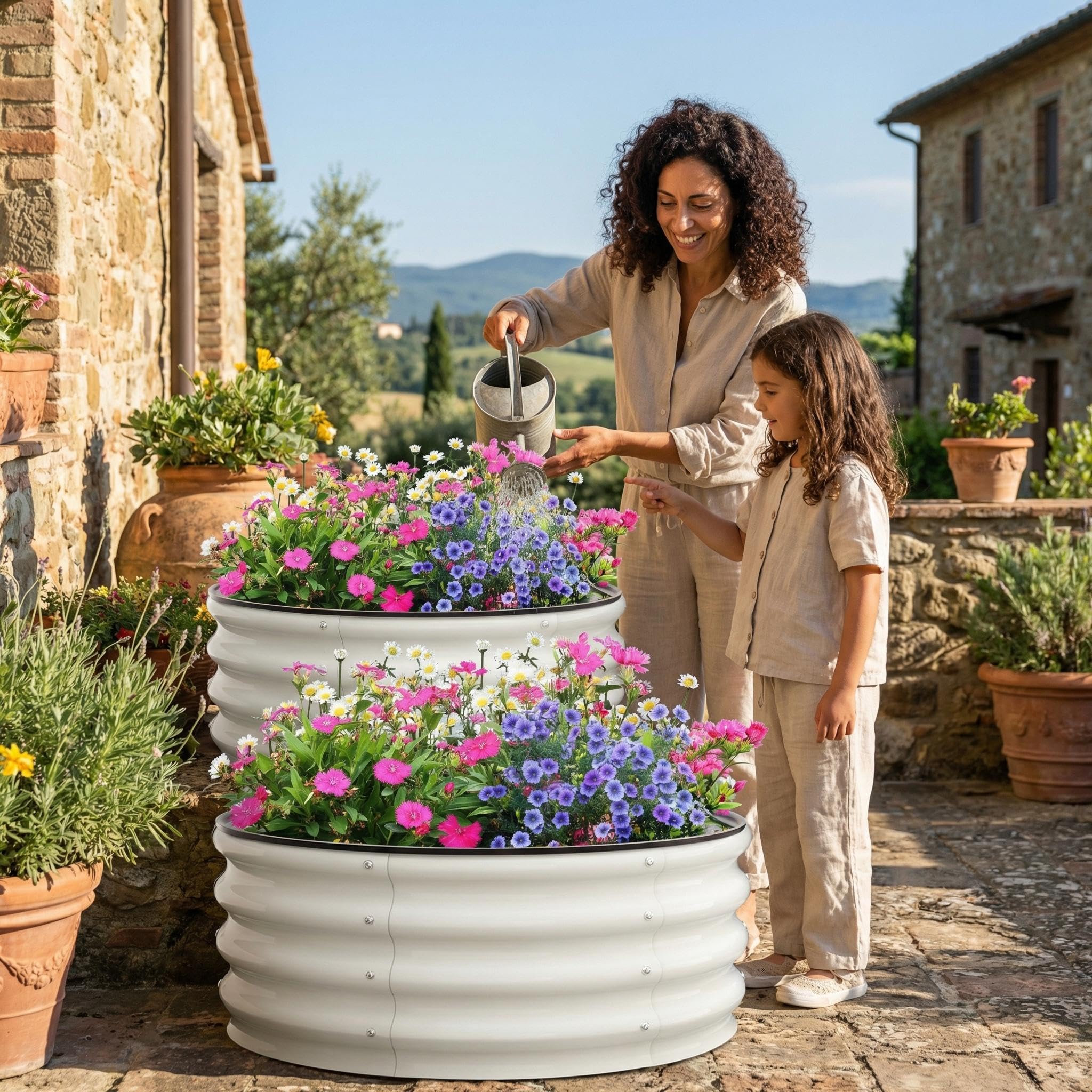 Garvee Set di 2 Letti per Orto Rialzati Tondi in Acciaio Zincato, Ø60 x 30 cm Fioriere da Esterno con Fondo Aperto e Bordo di Sicurezza in Gomma, Letto da Giardino Compatto per Erbe e Fiori, Avorio