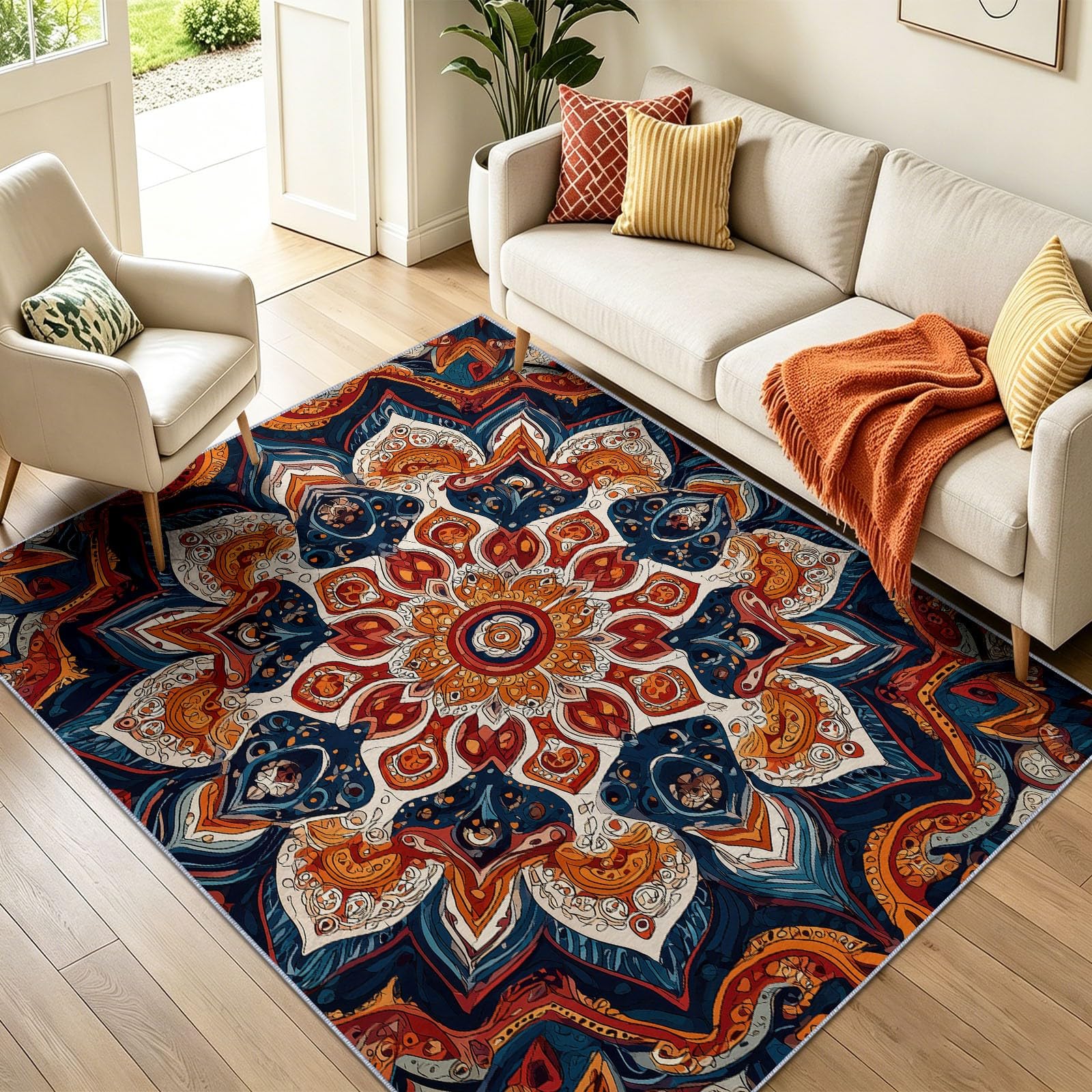 Tapis Doux Ethnique Bohème 180x240 cm, Bleu Marine Foncé Tapis Salon Chambre Cuisine Salle à Manger Bureau Salle de Bain, Géométrique Fleurs Mandala Lavable Doux Poils Courts Antidérapant Rug