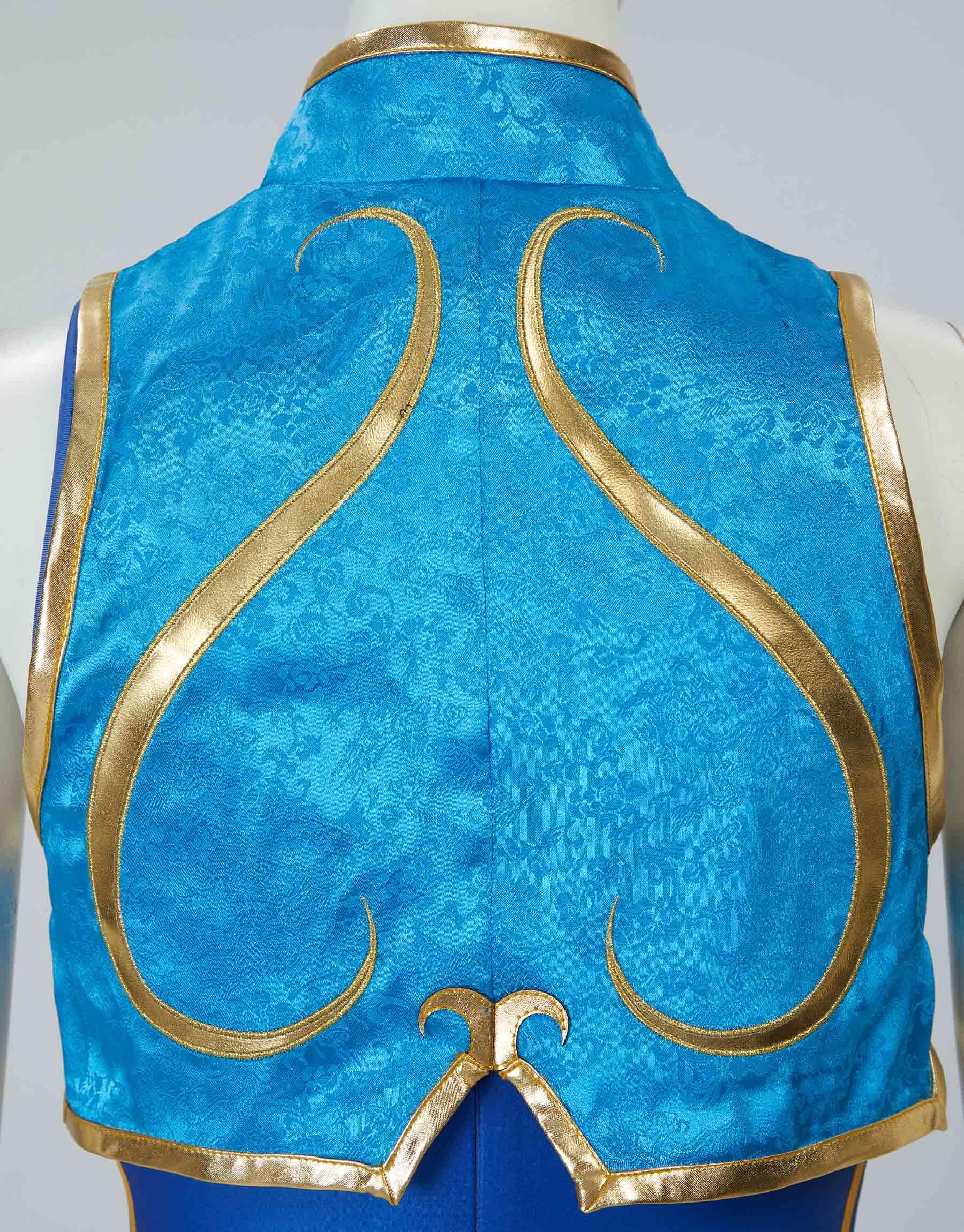 Micotaku Street Fighter Officially Licensed Women's Classic Chun-Li Nostalgia Cosplay Costume Jumpsuit Golden Embroidery Satin Top