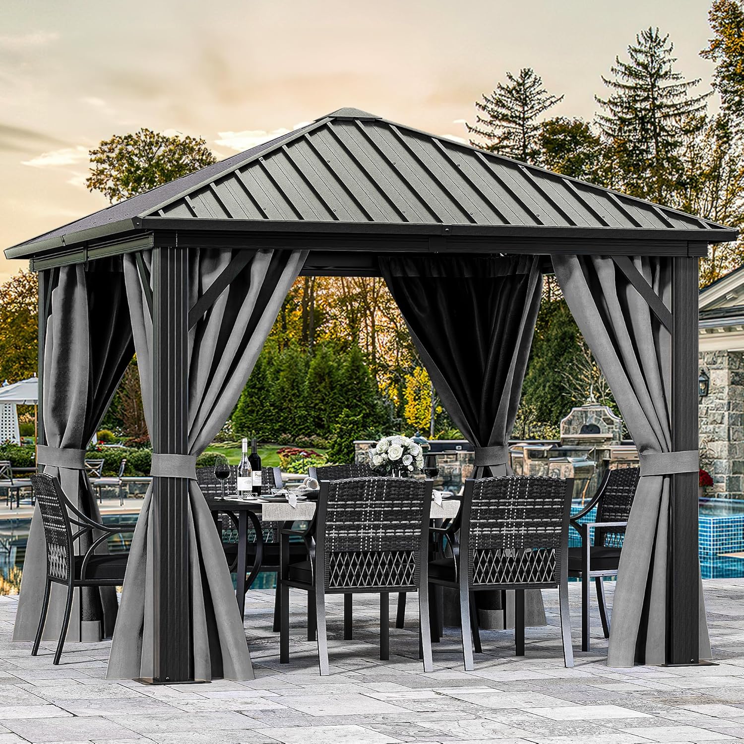 DWVO 10x10ft Hardtop Gazebo with Nettings and Curtains, Heavy Duty Galvanized Steel Outdoor Vertical Stripes Roof for Patio, Backyard, Deck, Lawns, Grey