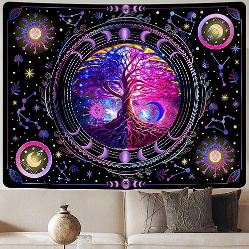 Miniatura 4 de MAMHSABC Tapiz de árbol de la vida, tapiz hippy de sol y luna, tapiz de flores y vides, tapiz hippie para colgar en la pared, dormitorio, decoración