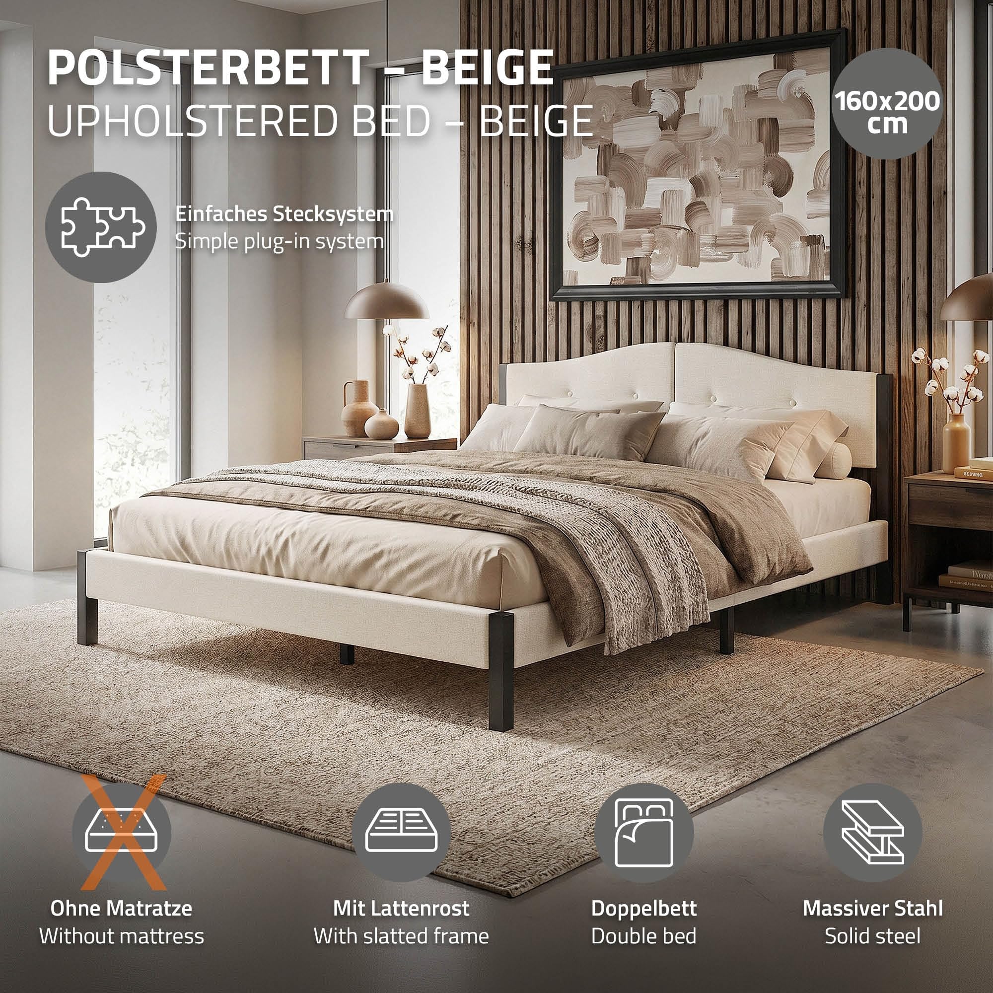 ML-Design Lit Rembourré 160x200 cm, Cadre de Lit Double avec Sommier à Lattes et Têtière, Capitonné en Tissu de Lin Beige, Structure Stable en Acier, Mobilier pour Chambre à Coucher, Montage Simple