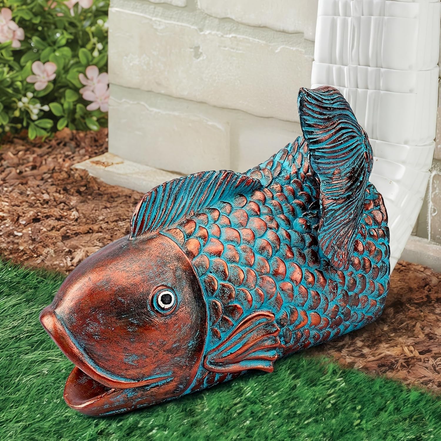 Real Fish Gutter Downspout Extender Statue, Garden Ornament, Koi Decorative Gutter Extension Downspout, Perfect Rain Diverter for 3"x4" Downspouts, Eco-Friendly Resin, Outdoor Decor Gift
