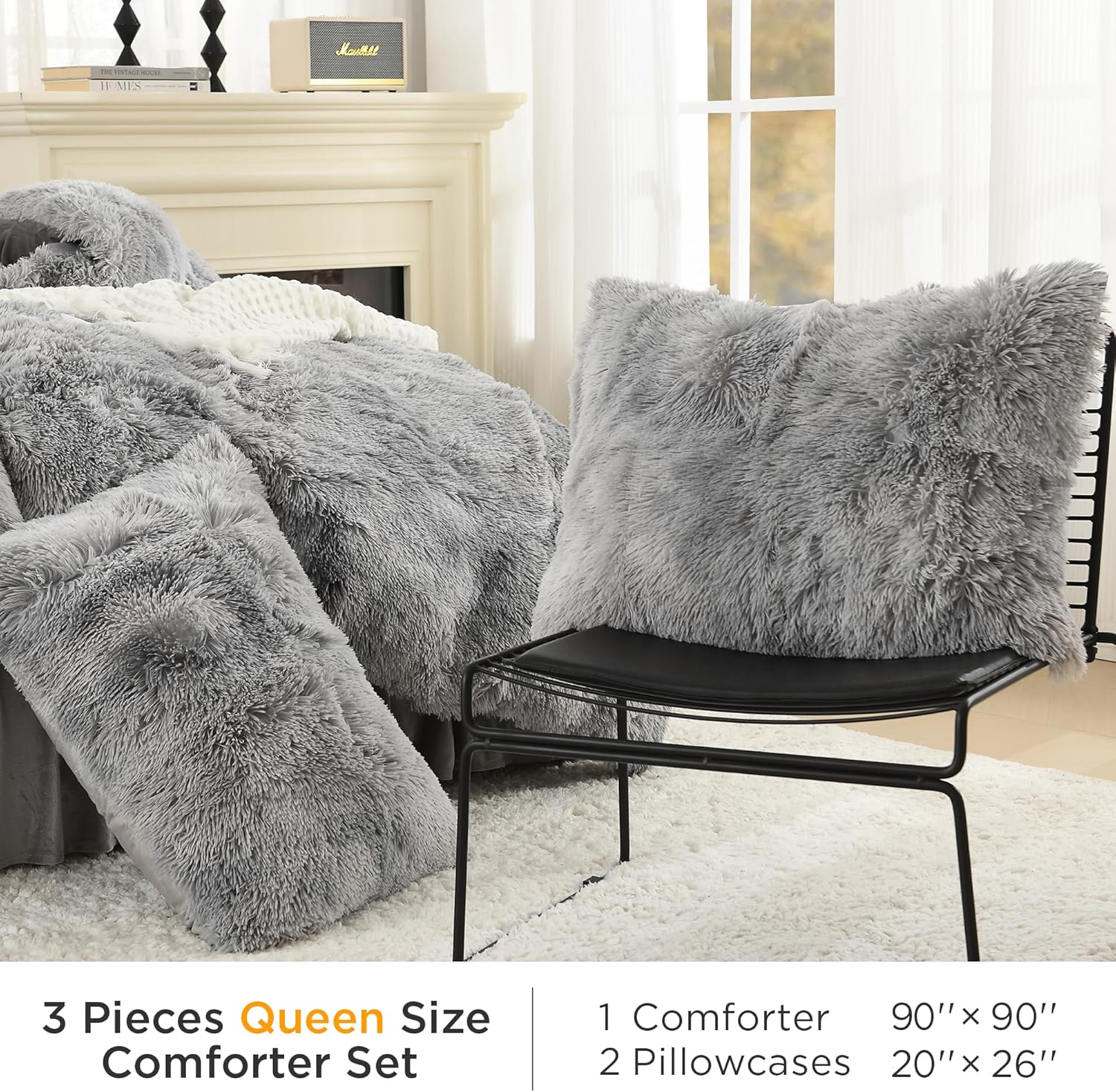 Litanika Tie-Dyed Grey White Fluffy Comforter Queen Size, Luxury Plush Faux Fur Bedding, Ultra Soft Velvet Fuzzy Bed Set 3 Pieces(1 Shaggy Comforter, 2 Pillowcases)