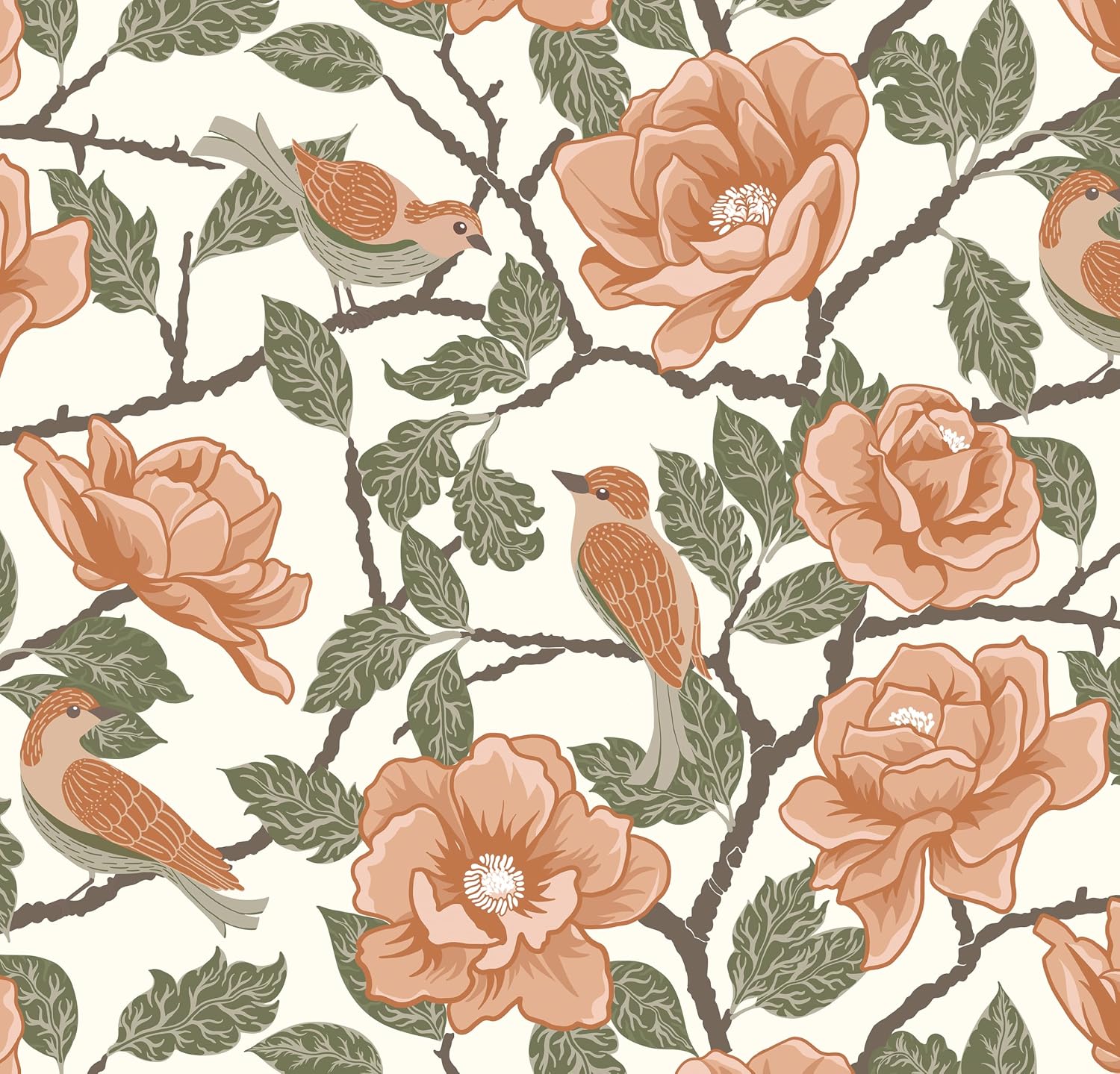 timeet 16.14"x393.7" peel and stick wallpaper boho floral wallpaper orange pink contact paper leaf self adhesive removable wall paper flower birds 16.1" x 393.7" green/orange/white