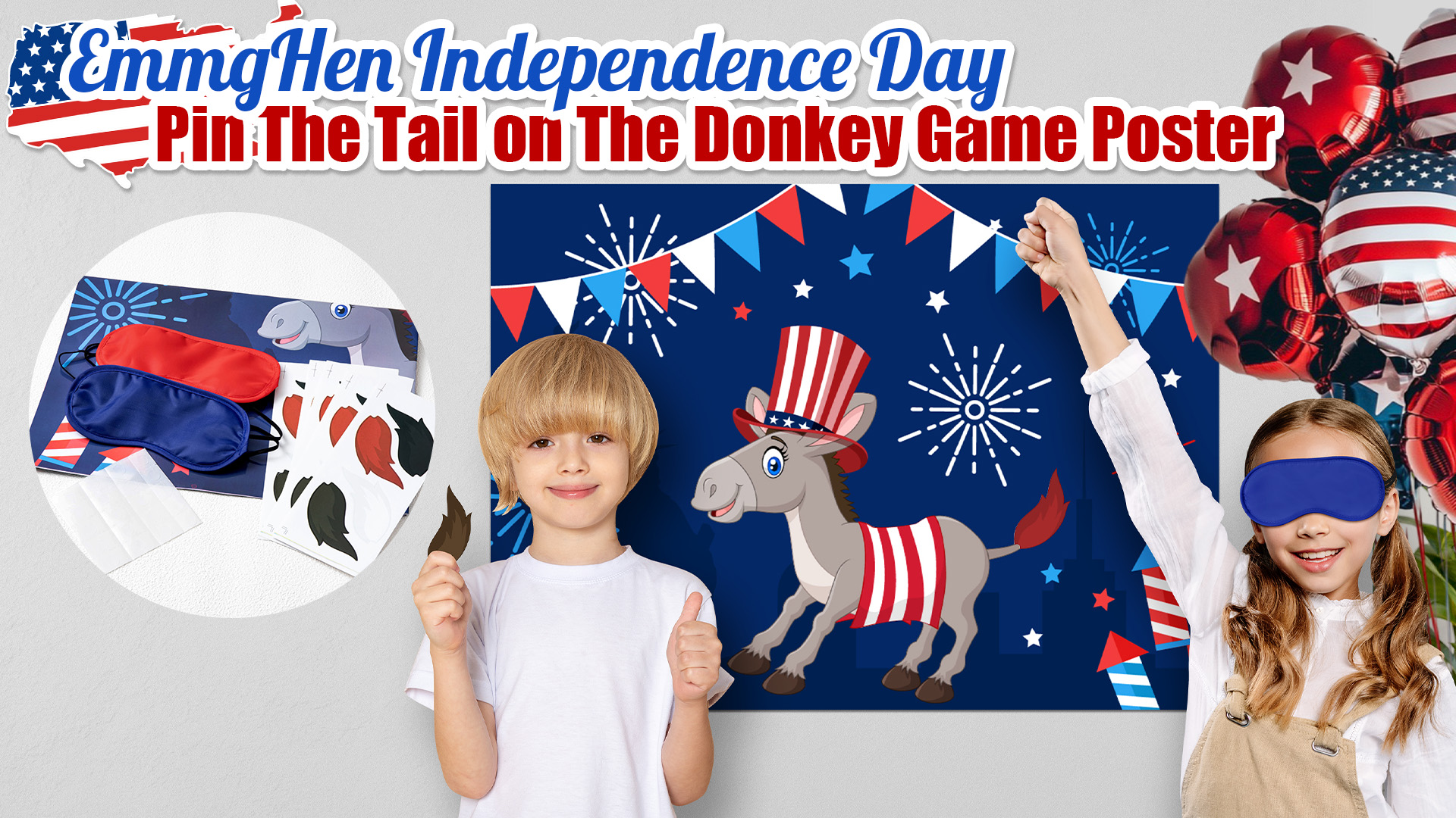 4th Of July Pin The Tail On The Donkey Game - Patriotic Party Poster, 24 Tails, Blindfolds, For Independence Day