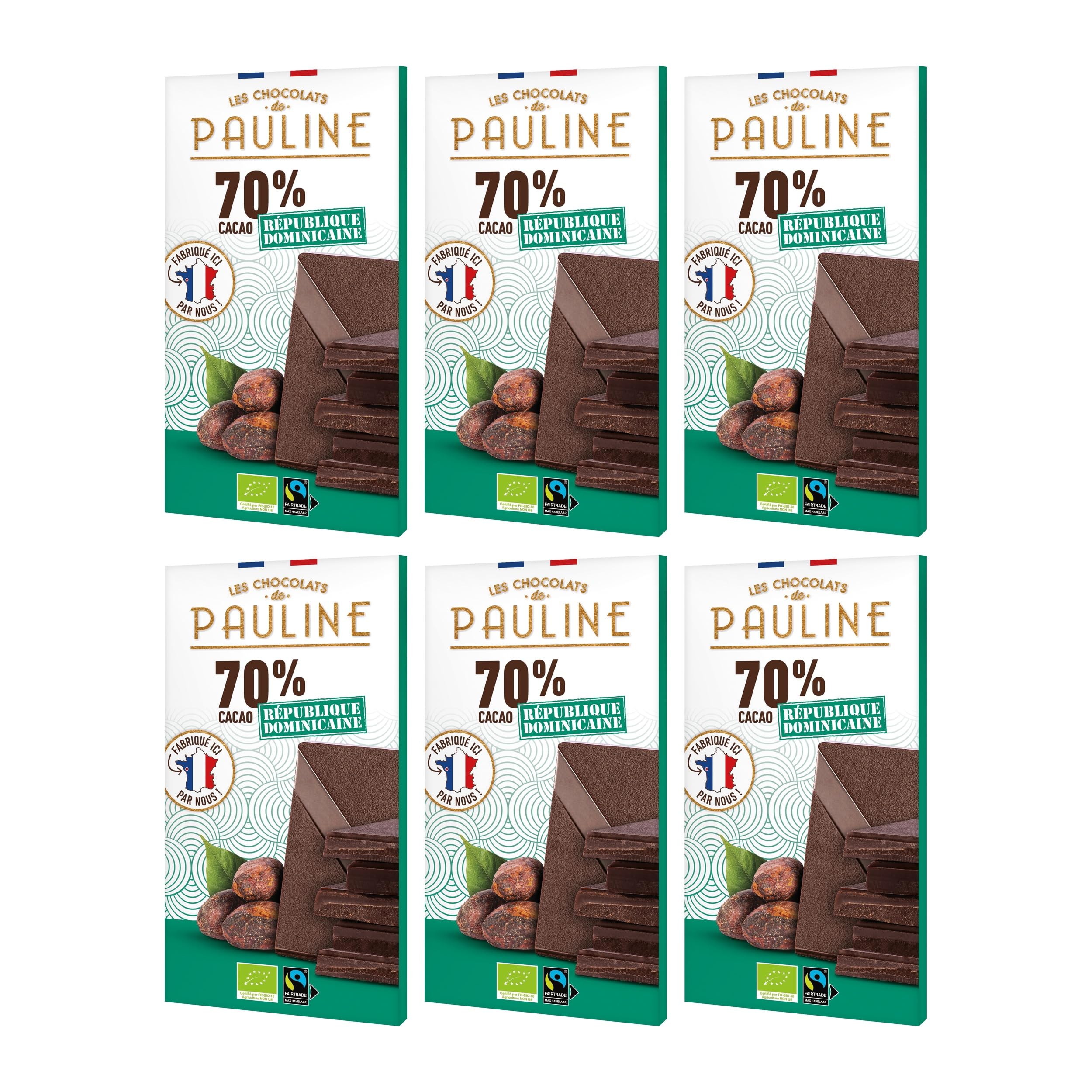 Les Chocolats de Pauline Zartbitterschokoladentafeln Dominikanische Republik 70% Cacao BIO Frankreich inkl. FeinWert E-Book (6 x 80g)