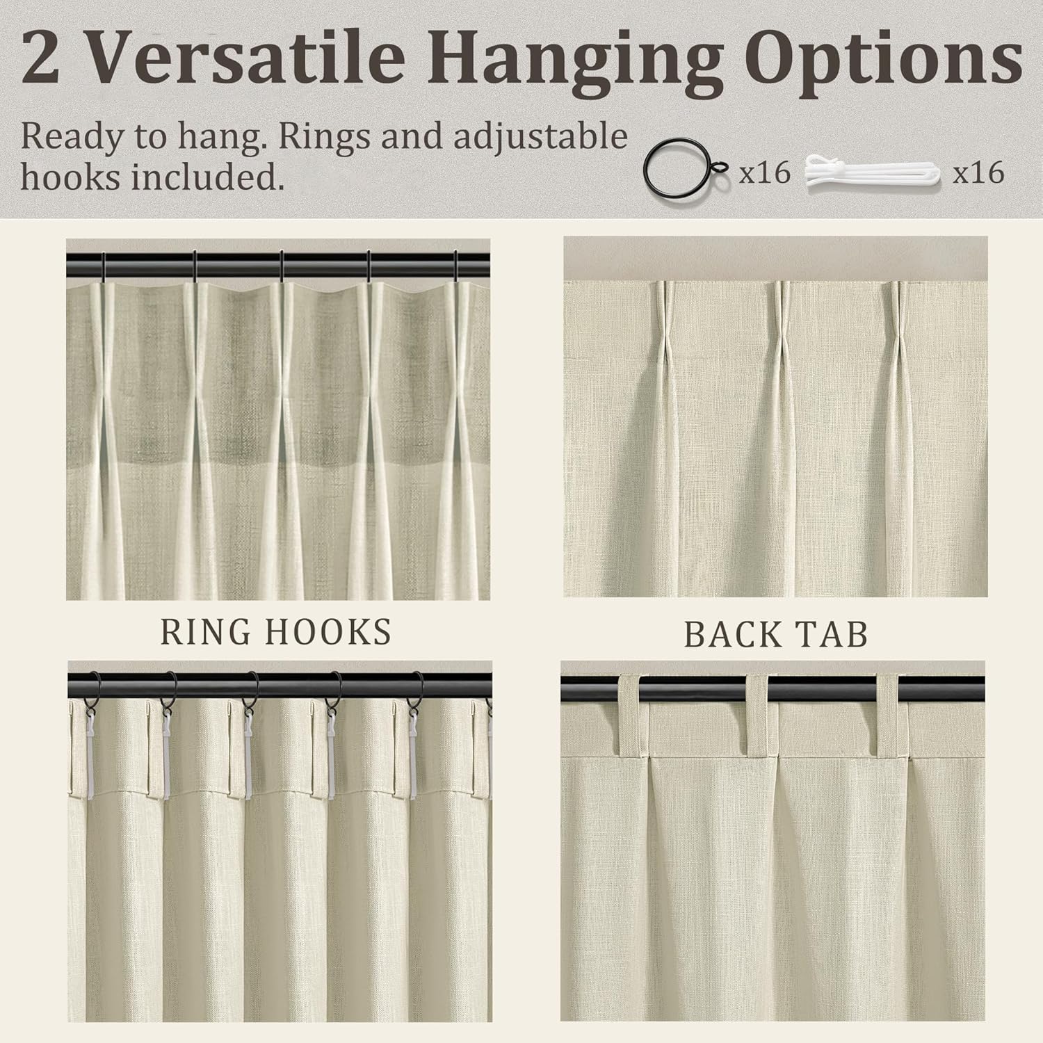 Pinch Pleated Linen Curtains 84 Inch Length 2 Panels, Heavyweight 380GSM Light Filtering Semi Sheer Drapes for Living Room & Bedroom, Memory Shape Custom Look,Natural