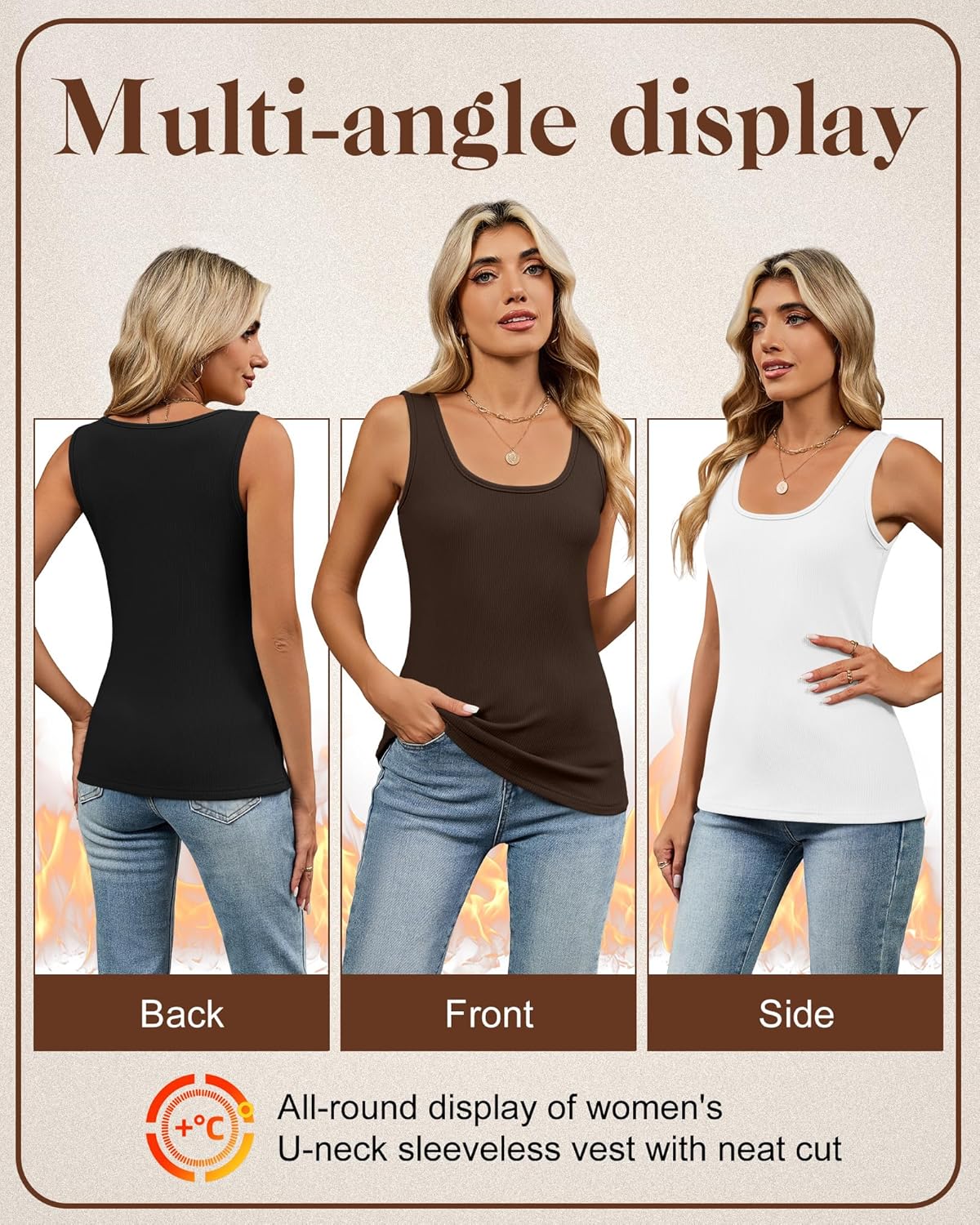 3 Pack Women's Thermal Tank Tops Ribbed Scoop Neck Cotton Sleeveless Undershirts Fleece Lined Camisole Base Layer - Image 6