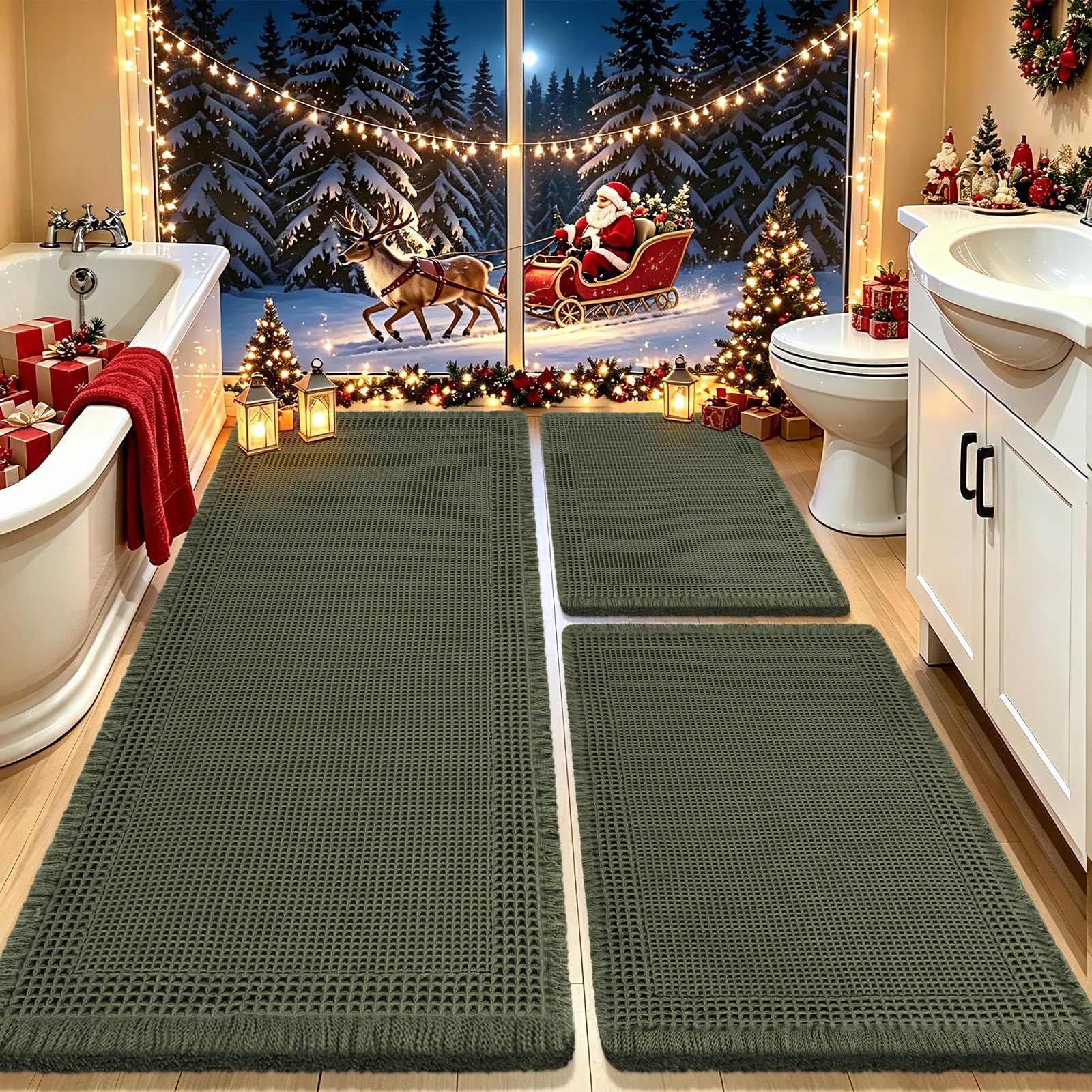 Waffle Bath Mat Set 3 Piece, Boho Woven Modern Bath Rug Absorbent Non Slip, Soft Bathroom Mats, Machine Washable Knit Bath Rugs with Border for Bathroom, Bedroom, Kitchen, Shower, Tub, Dark Green