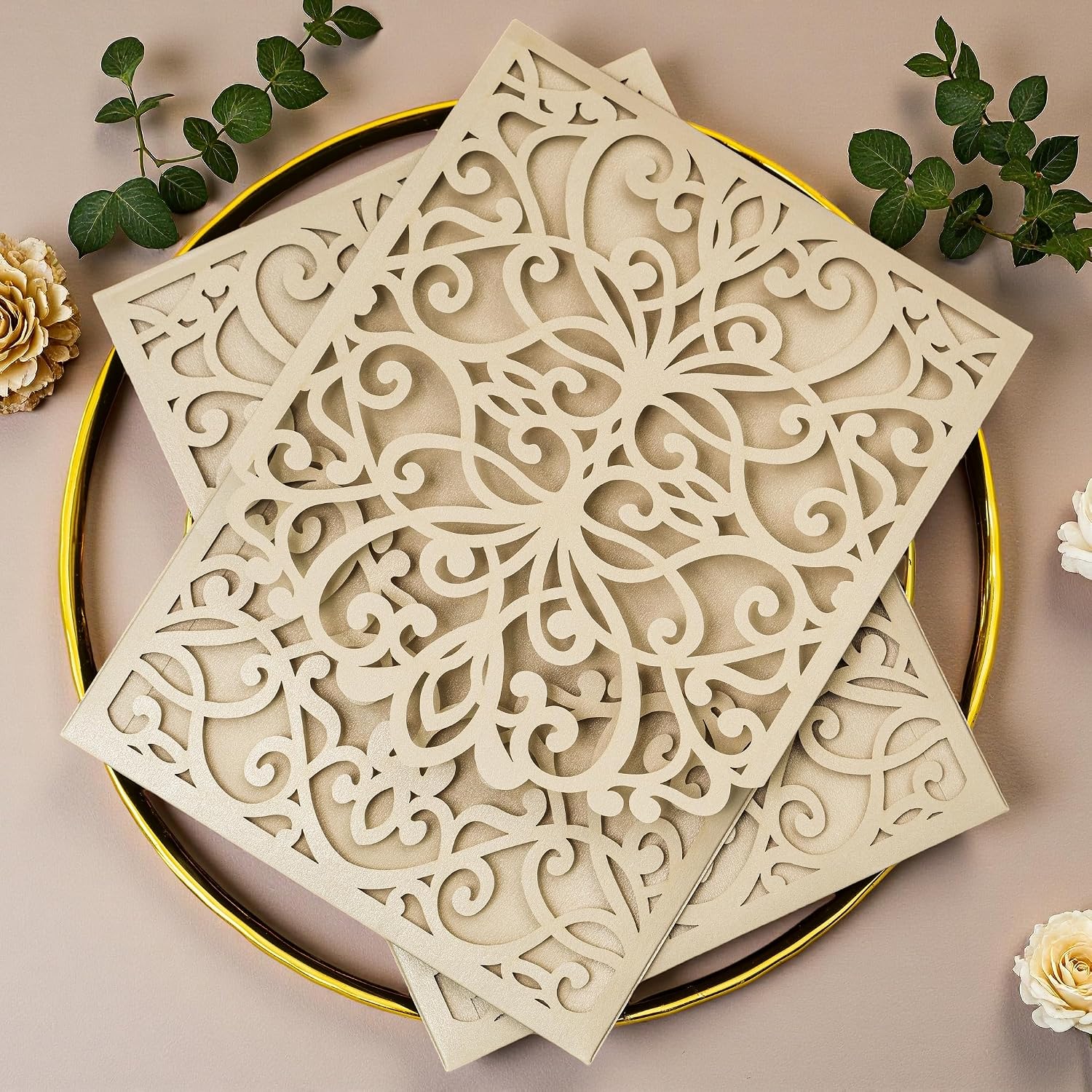 20PCS Set Laser Cutting Gold Glitter Invitation Card Greeting Card Graduation Party Wedding Birthday Party Hollow Invitations Flip Invitation Pocket With Envelope (Champagne Gold)