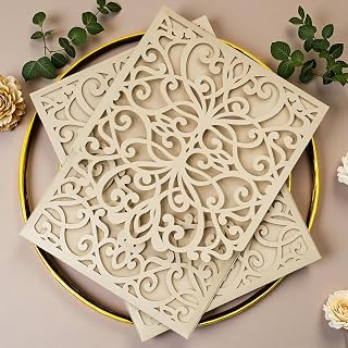 20PCS Set Laser Cutting Gold Glitter Invitation Card Greeting Card Graduation Party Wedding Birthday Party Hollow Invitations Flip Invitation Pocket With Envelope (Champagne Gold)