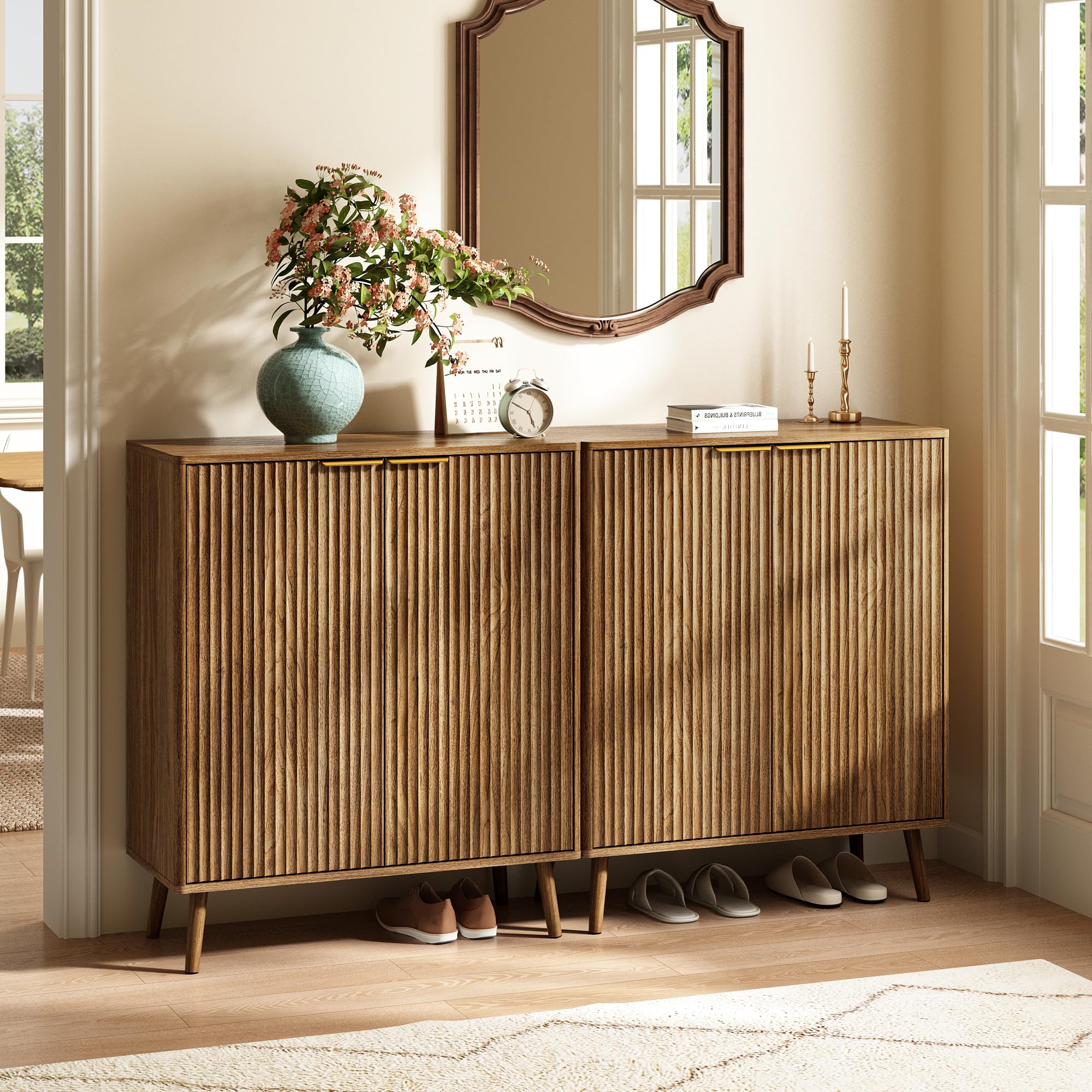 Sscaktu Fluted Shoe Cabinet with Doors Set of 2, 5-Tier Shoe Storage Cabinet with Adjustable Shelves, Wooden Freestanding Shoe Organizer Shoe Cabinet