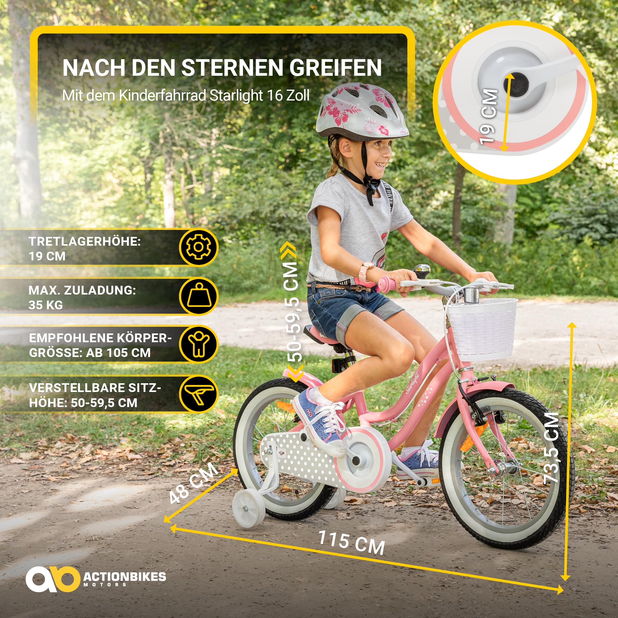 Actionbikes Kinderfahrrad Starlight | 12 16 20 Zoll - V-Brake Bremsen - Fahrrad für Kinder von 2-9 Jahren - Schutzblech v. / h - Kinder Fahrrad für Mädchen & Jungen - Fahrräder - Bicycle - Kinderrad