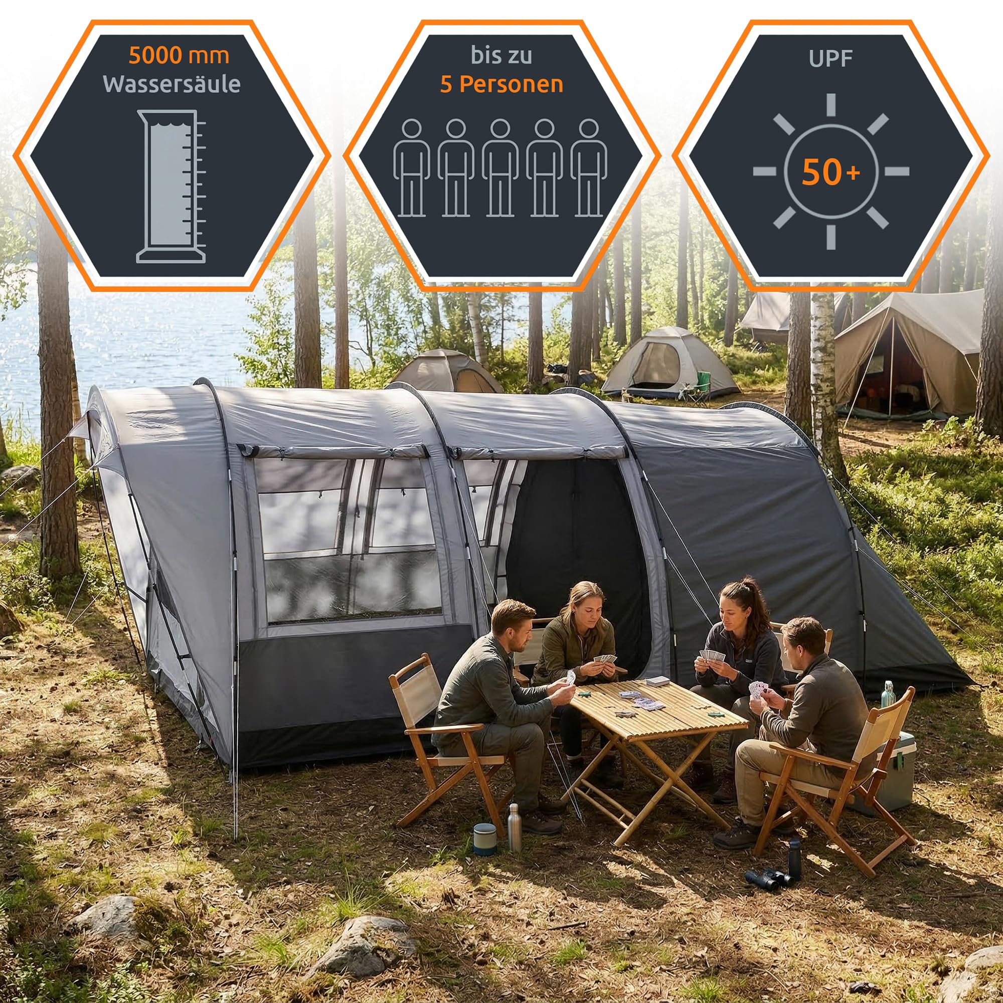 your GEAR Bora Tente tunnel familiale 5 personnes Hauteur debout Bac de sol étanche 5000 mm Auvent Gris