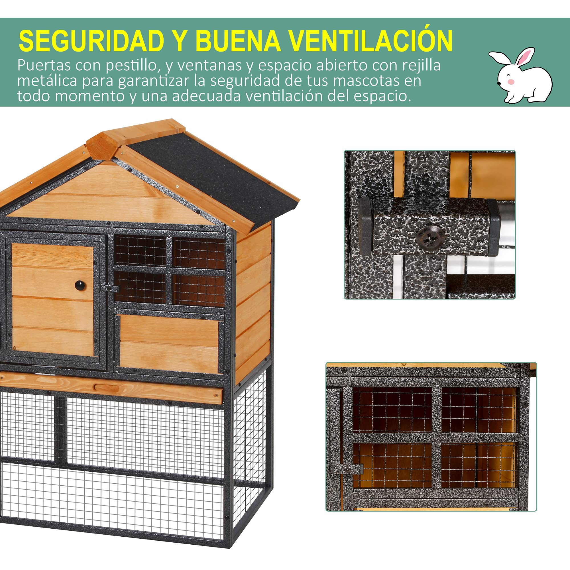 PawHut Conejera de Exterior Jaula para Mascotas Pequeñas 2 Niveles con Rampa Bandeja Extraíble de Madera y Metal 122x63x92 cm para Conejos Cobayas Madera y Gris