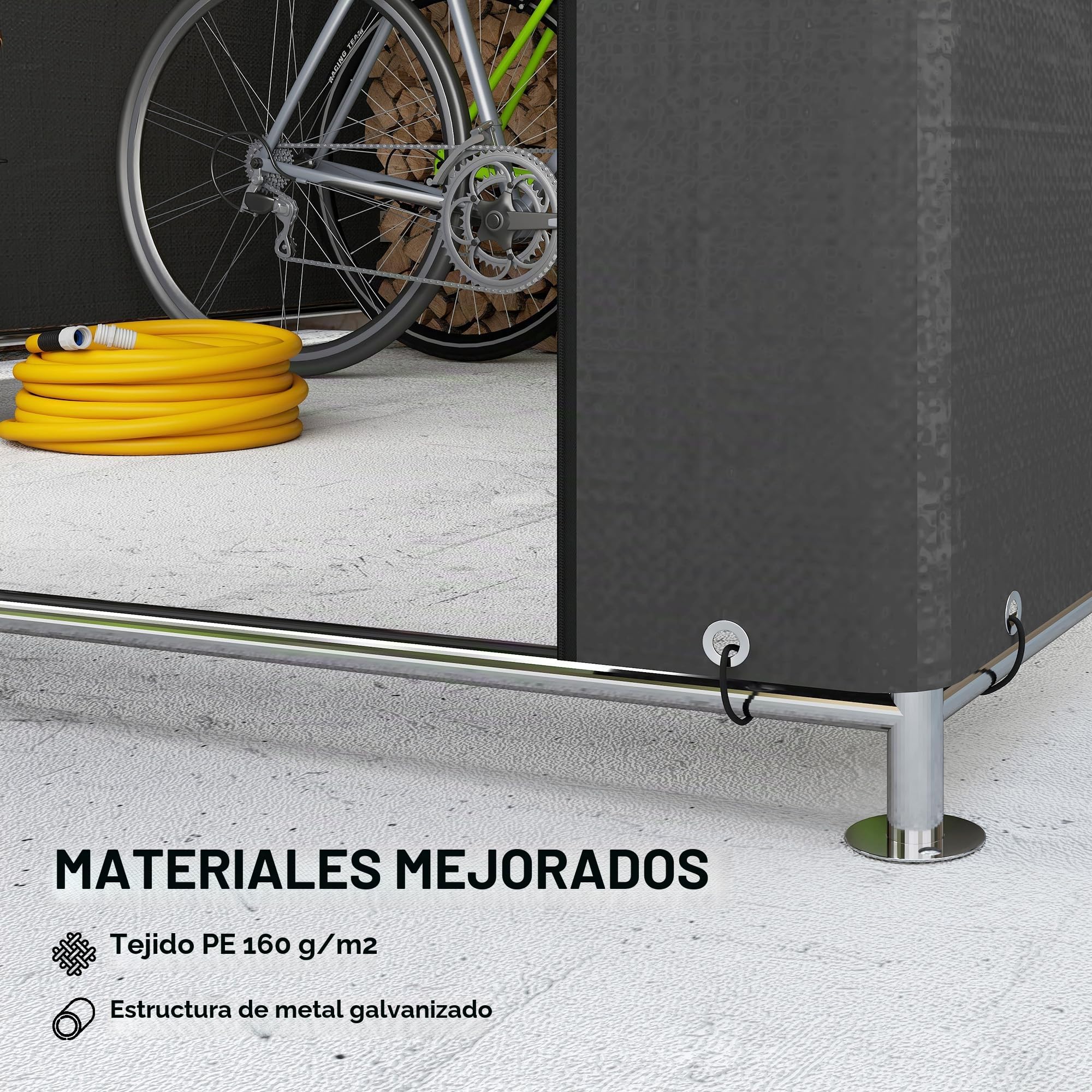 Outsunny 6.6x7.8ft Cobertizo jardín Impermeable Gris Oscuro | Tienda bici, puerta enrollable cremallera, marco metal galvanizado, cobertizo portátil para moto, herramientas