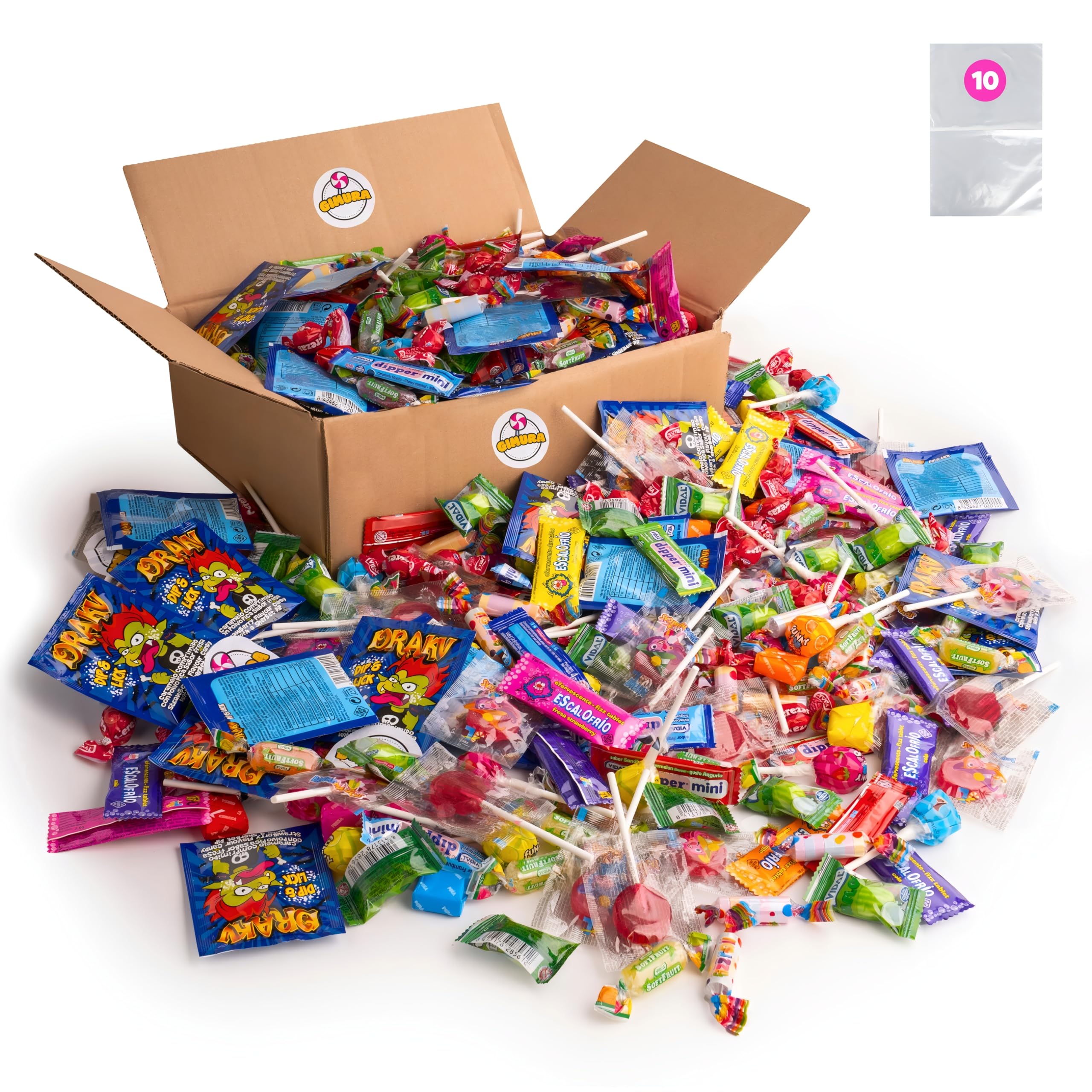 Gimura - Mega Pack 150 Bonbons et Friandises pour Pinata et Anniversaire - 10 Sachets Cadeaux Inclus - Sans Gluten - Emballés Individuellement