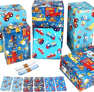 Kids Boys Birthday Gift Wrap Set - Police Car Fire Trucks Crane Ambulance Giraffe Elephant Gift Wrapping Paper Sheets, Tag Ribbion