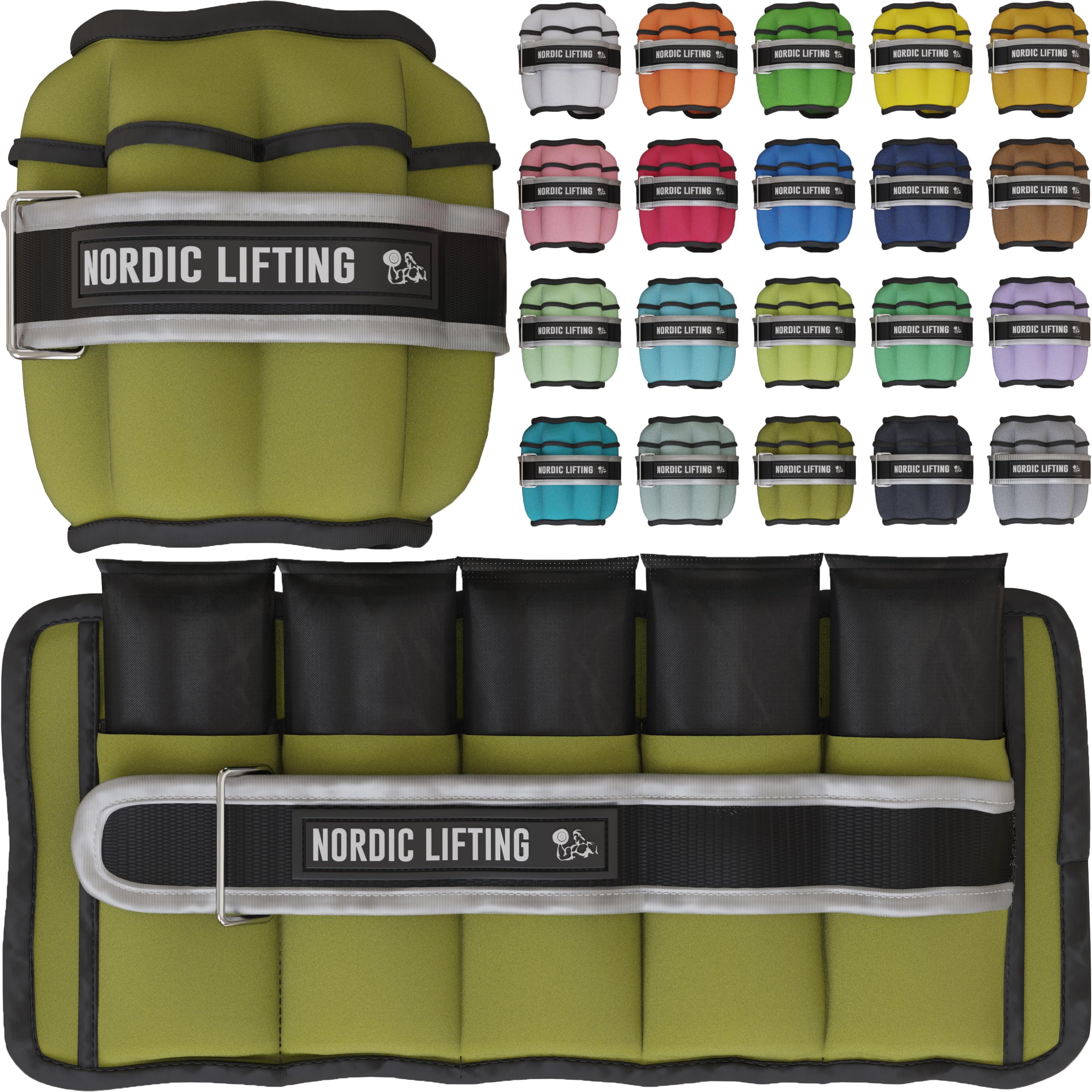 Nordic Lifting Adjustable Ankle Weights for Women & Men – Pair of Weighted Straps for Fitness, Walking, Running, Leg Workouts – 2 4 6 8 10 Lbs - with Hook & Loop Fastening (Army Green)