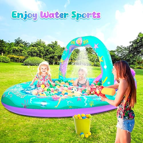Miniatura 6 de SULIFEEL Centro de juego inflable de sirena para niños con tobogán y aspersor para niños, piscina de bebé de 96 x 59 x 39 pulgadas para patio