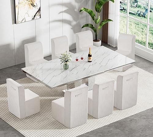 Miniatura 13 de Juego de mesa de comedor extensible marrón de 9 piezas para 8, 63-78.74 pulgadas, juego de mesa de comedor extensible de madera rectangular y sillas