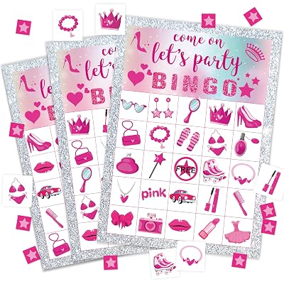 wenhihsiy Pink Bingo Game Cards for Adults, Glitter Bingo Cards Game for Family Holidays Friends Gatherings, Ideal for Princess Themed Party Game, 24 Players Birthday Party Supplies Favors, 006