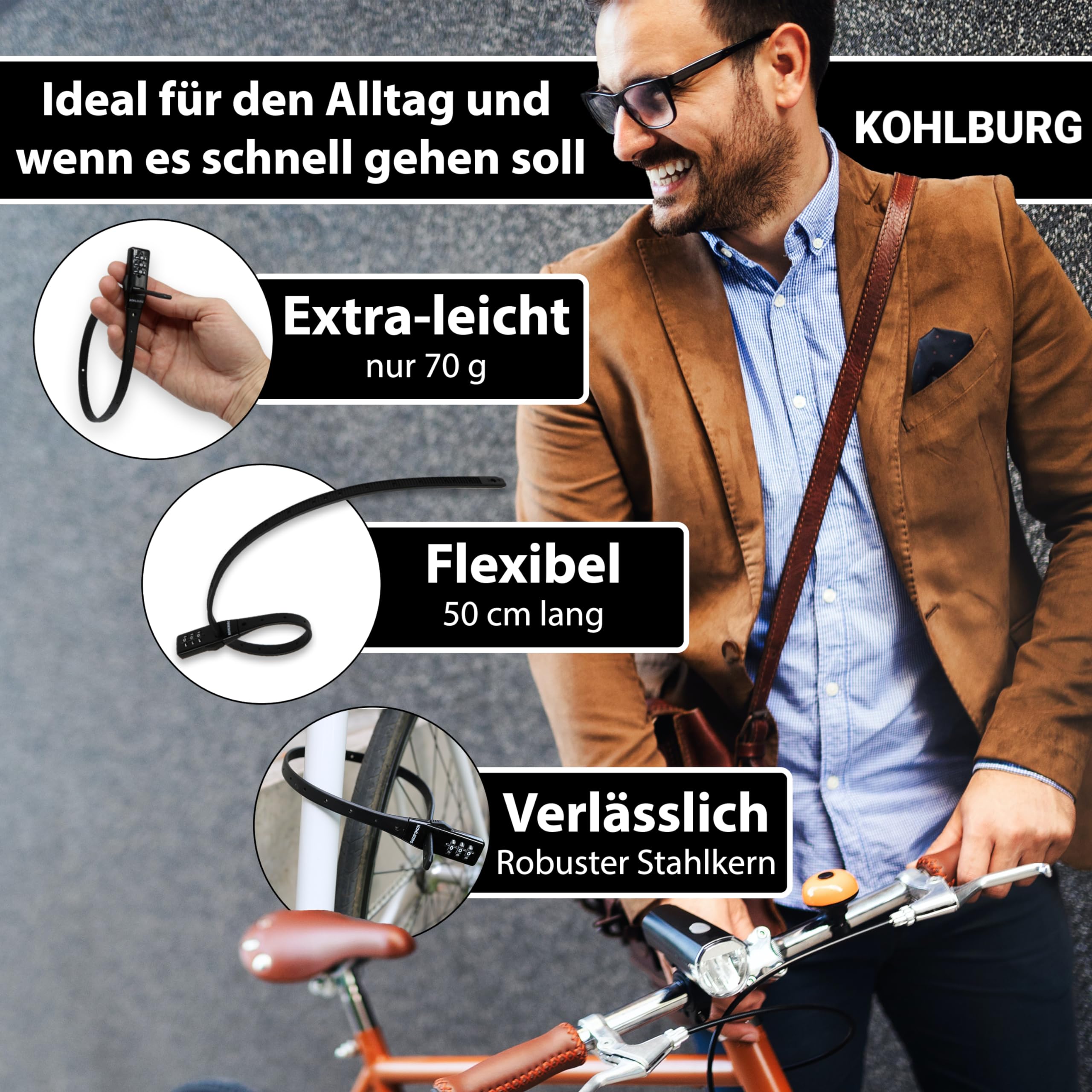 KOHLBURG extrem leichtes Zahlenschloss - 70g leicht mit Zahlencode - 50cm Fahrradschloss klein und sicher - Kabelbinder Schloss auch für Rennrad Scooter Roller - Helmschloss Skischloss & Kinderschloss