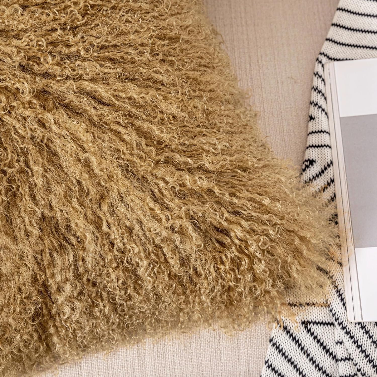 Real Mongolian Lamb Fur Throw Pillow Curly Wool Square Cushion Fluffy Soft for Living Room Bedroom,45cm (18")(Khaki) image 3