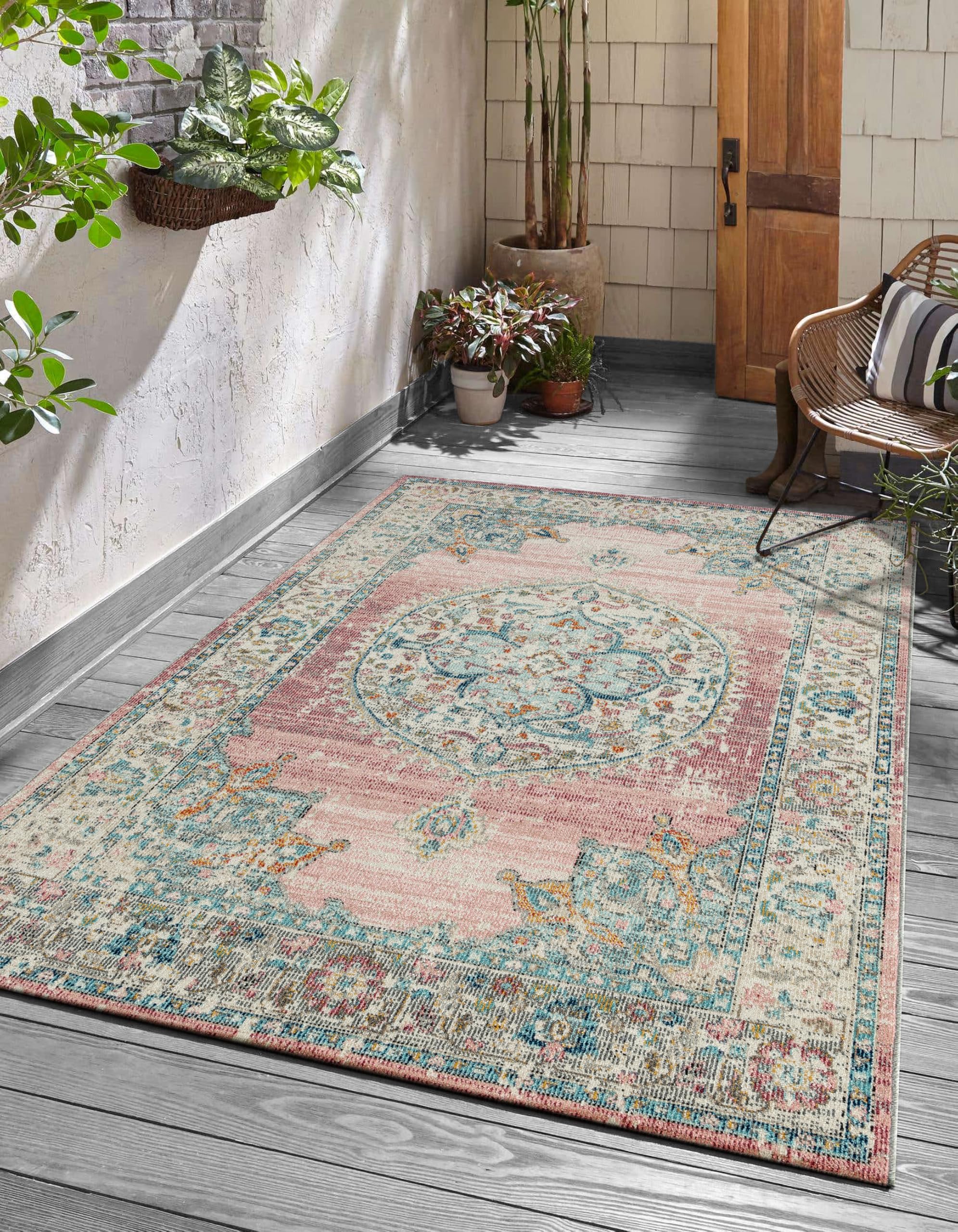 the carpet Palma Indoor & Outdoor Rug, Flat Weave, Robust, Modern Design, Vintage Look, Used Look, Super Flat, UV and Weather Resistant, Orient Pattern, Pink, 140 x 200 cm