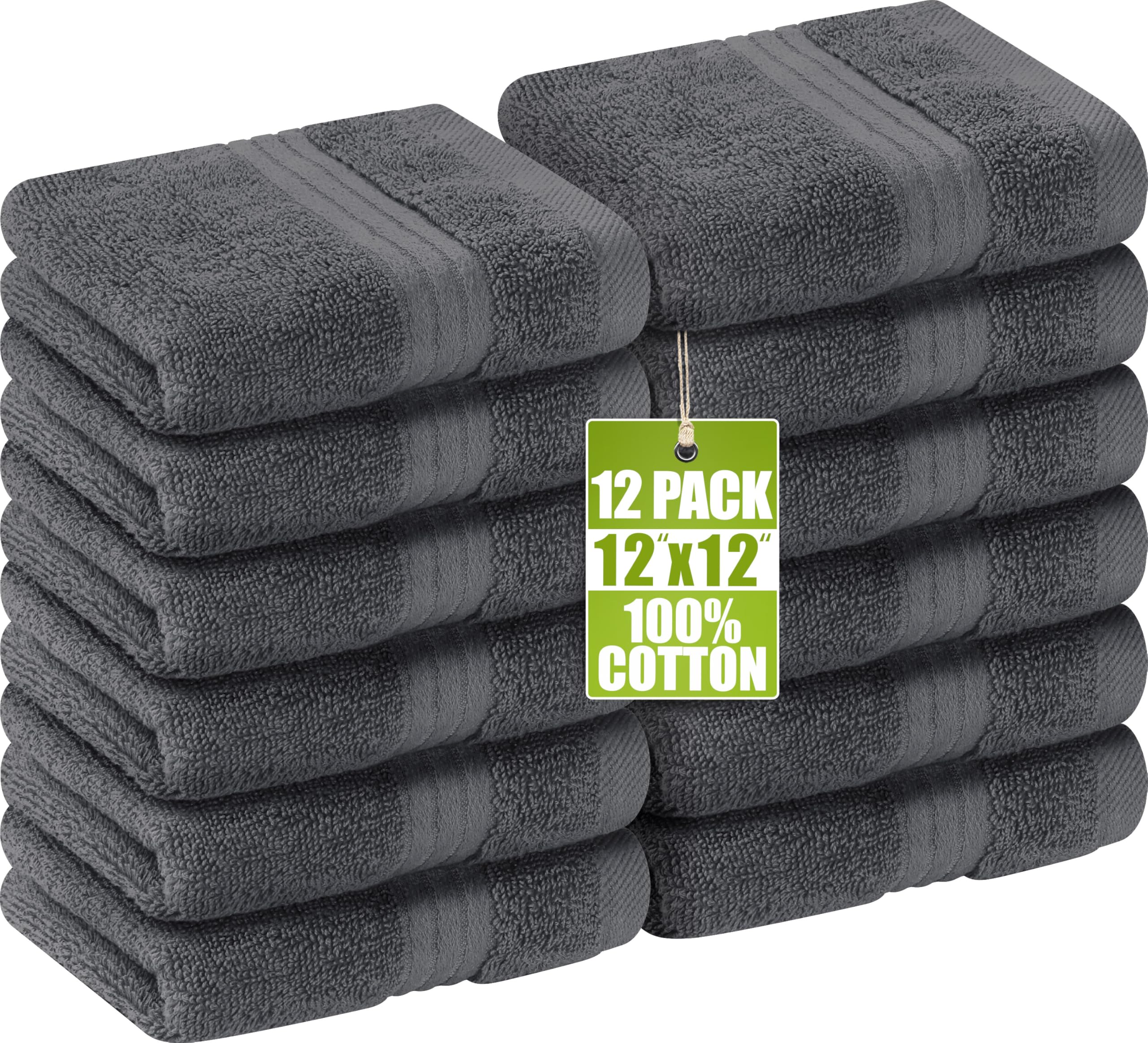 12 Pack Premium Wash Cloths Set, 12 by 12 Inches, 100% Cotton Ring Spun, Highly Absorbent and Soft Feel Washcloths for Bathroom, Spa, Gym, and Face, Grey