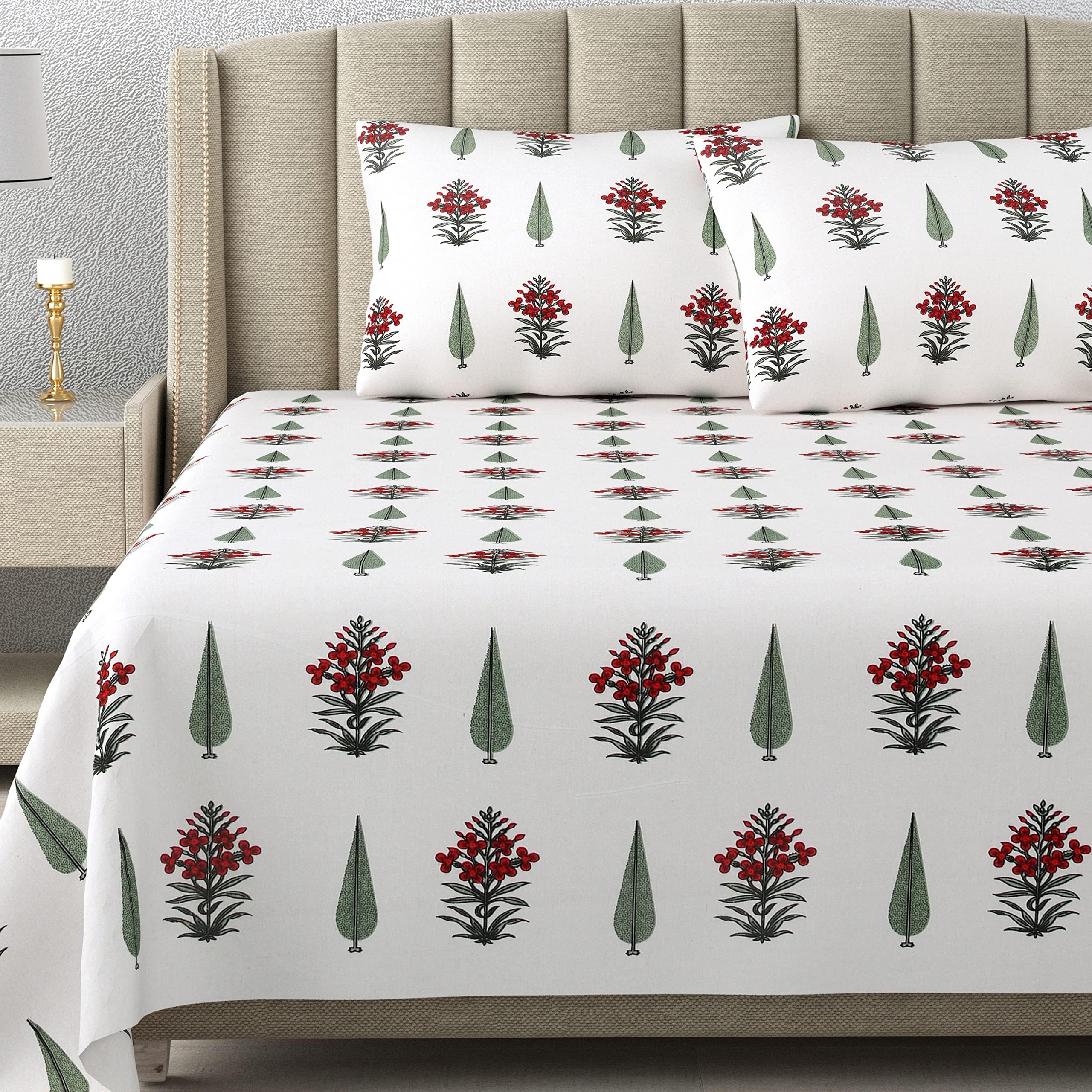 DE CAMA Since 1997 | 100% Cotton 300 TC Premium King Size Bedsheet for Double Bed (90 x 108 Inch) with 2 Pillow Covers Set (17 x 27 Inch) Designer Printed Bedsheet Set - Block Print booti red-image-5