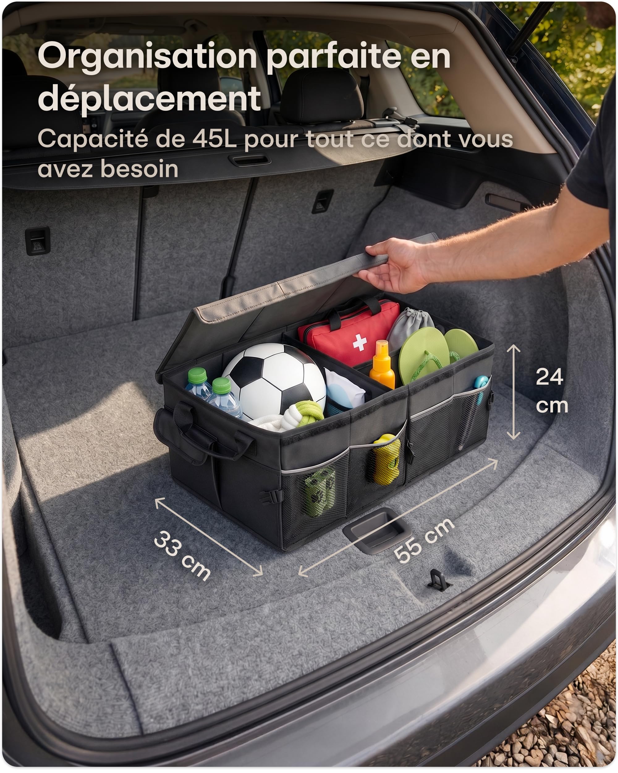 Praknu Organiseur de Coffre avec Couvercle Grand 45L – Pliable à 20L – 3 Compartiments avec 11 Poches – Déperlant & Antidérapant – Facile à Transporter – Idéal pour un Coffre plus Ordonné