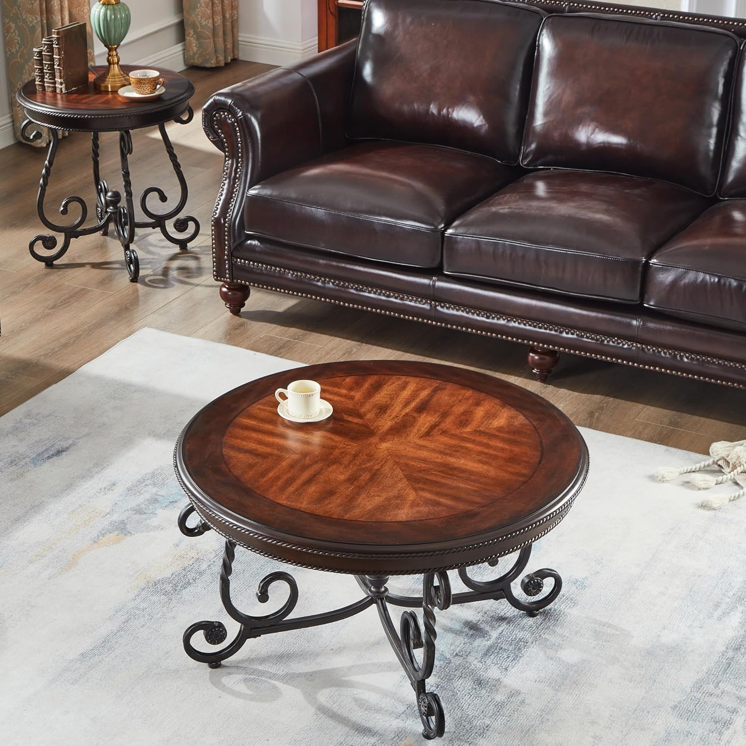 Retro Round Wood Coffee Table with Metal Leg, Circle Farmhouse Coffee Table for Living Room, Wooden Mid Century Center Tables, Easy Assembly (35" Dx35 Wx19 H)