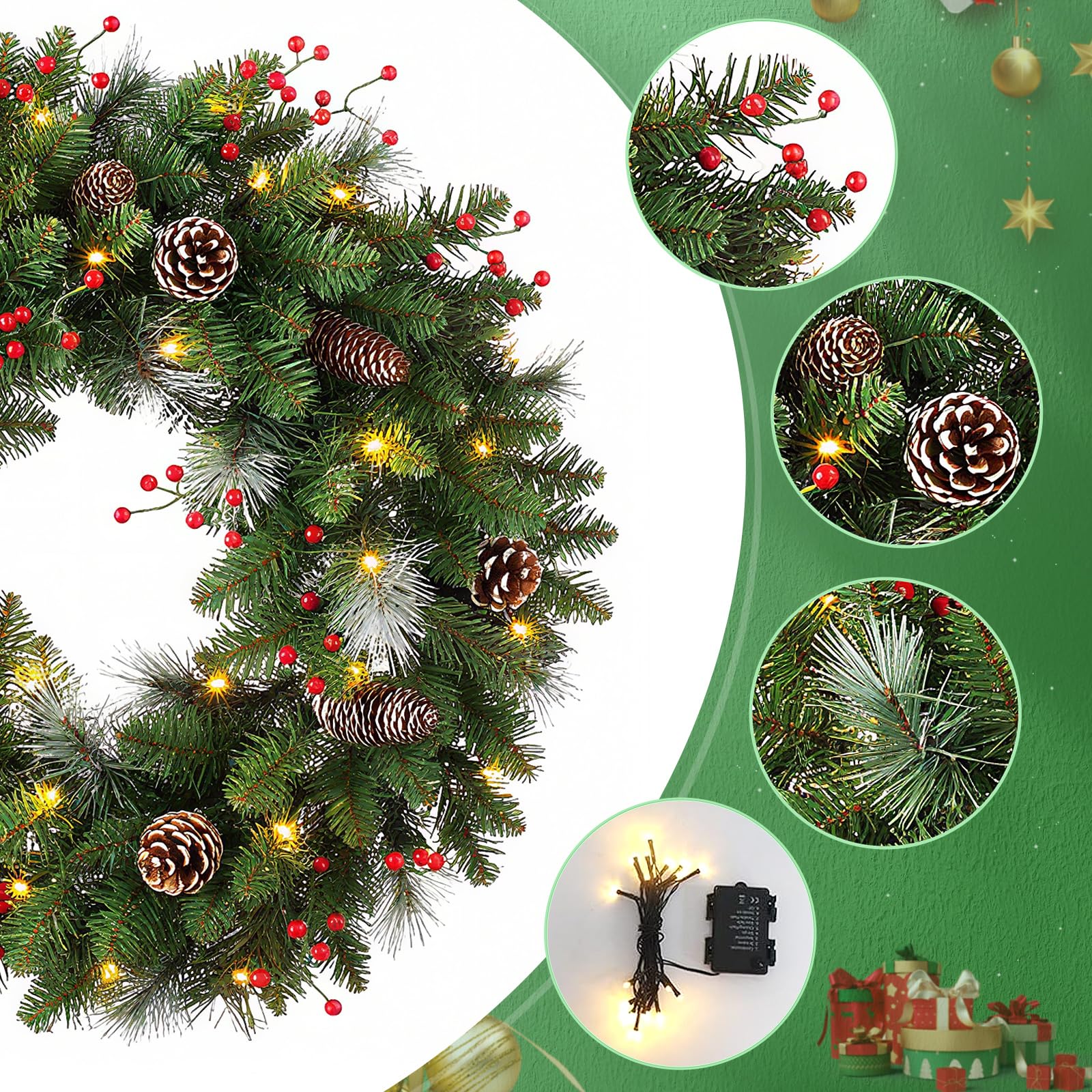 40CM Türkranz Weihnachten,Weihnachtskranz Haustür mit 30 LEDs,Weihnachtskranz mit Laterne, Kugeln, Beeren & Schleifen, weihnachtstürkranz, Weihnachten Dekor