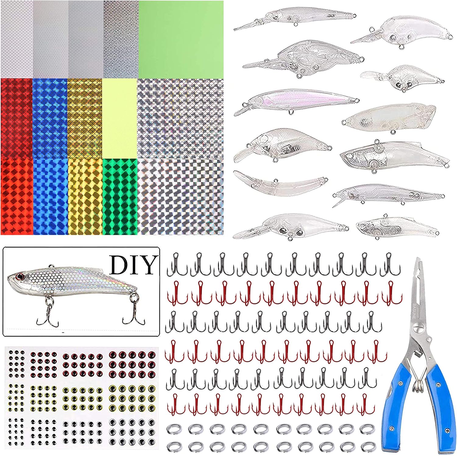 Unpainted Fishing Lures Making Kit DIY Crankbaits Minnow Kit - 321/355pcs Blank Hard Bait Lure Set Include Pliers Treble Hook Split Rings Lure Eyes Stickers Making Supplies Make Your Own Fishing Lures