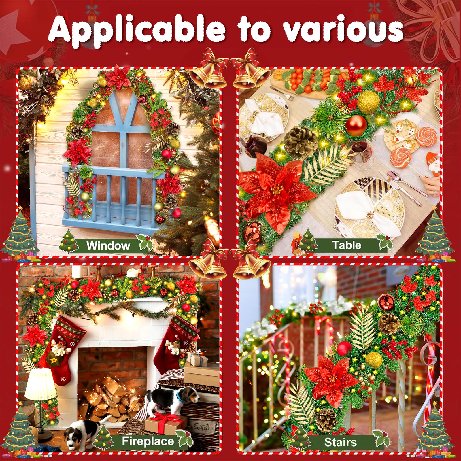 Guirnalda Navidad 270 cm Con Luces - Adorno Para Escaleras, Puerta, Arco y Ventanas