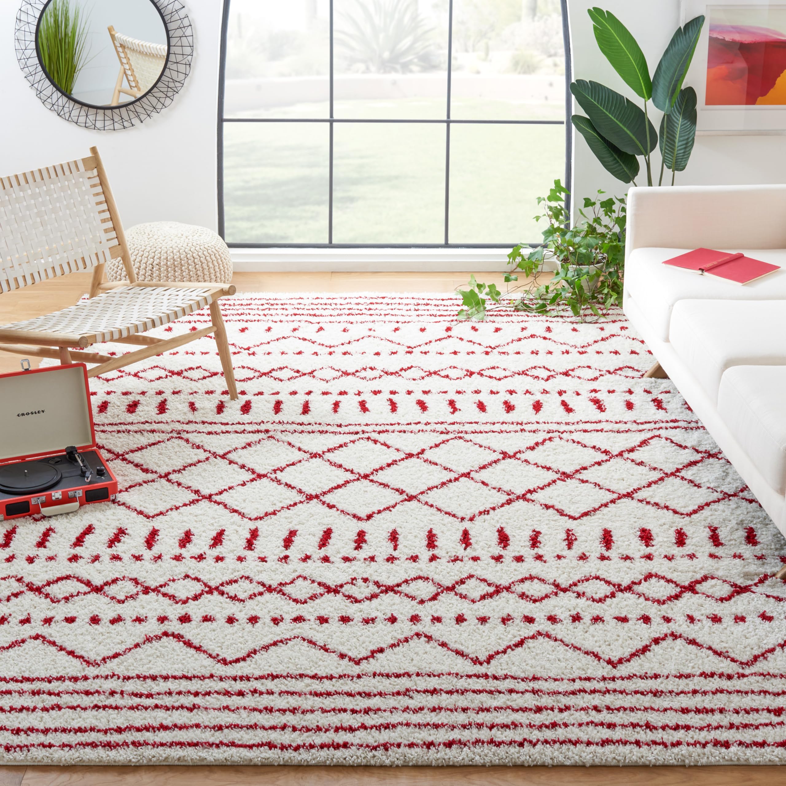 SAFAVIEH Area Rug 8x10 - Arizona Shag Collection - Large - Ivory & Red, Moroccan Boho Design, Non-Shedding & Easy to Clean, Ideal for Living Room,
