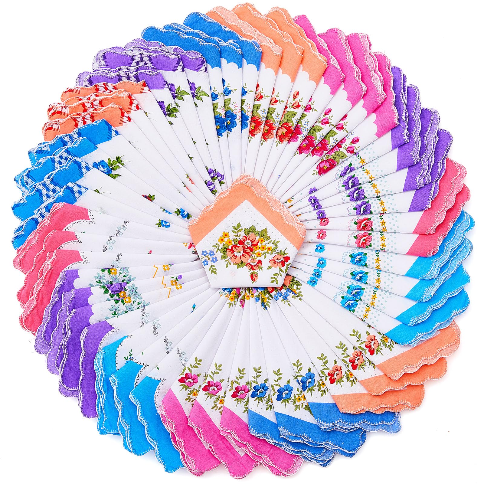 50 Pcs Floral Cotton Handkerchiefs, Bulk Vintage Lace Embroidered Hankies for Wedding, Tea Party & Mother's Day-image-34