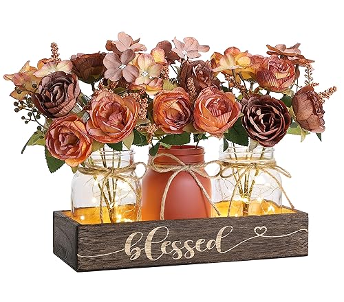 3 Pcs Mason Jar Centerpiece with Wood Tray & LED