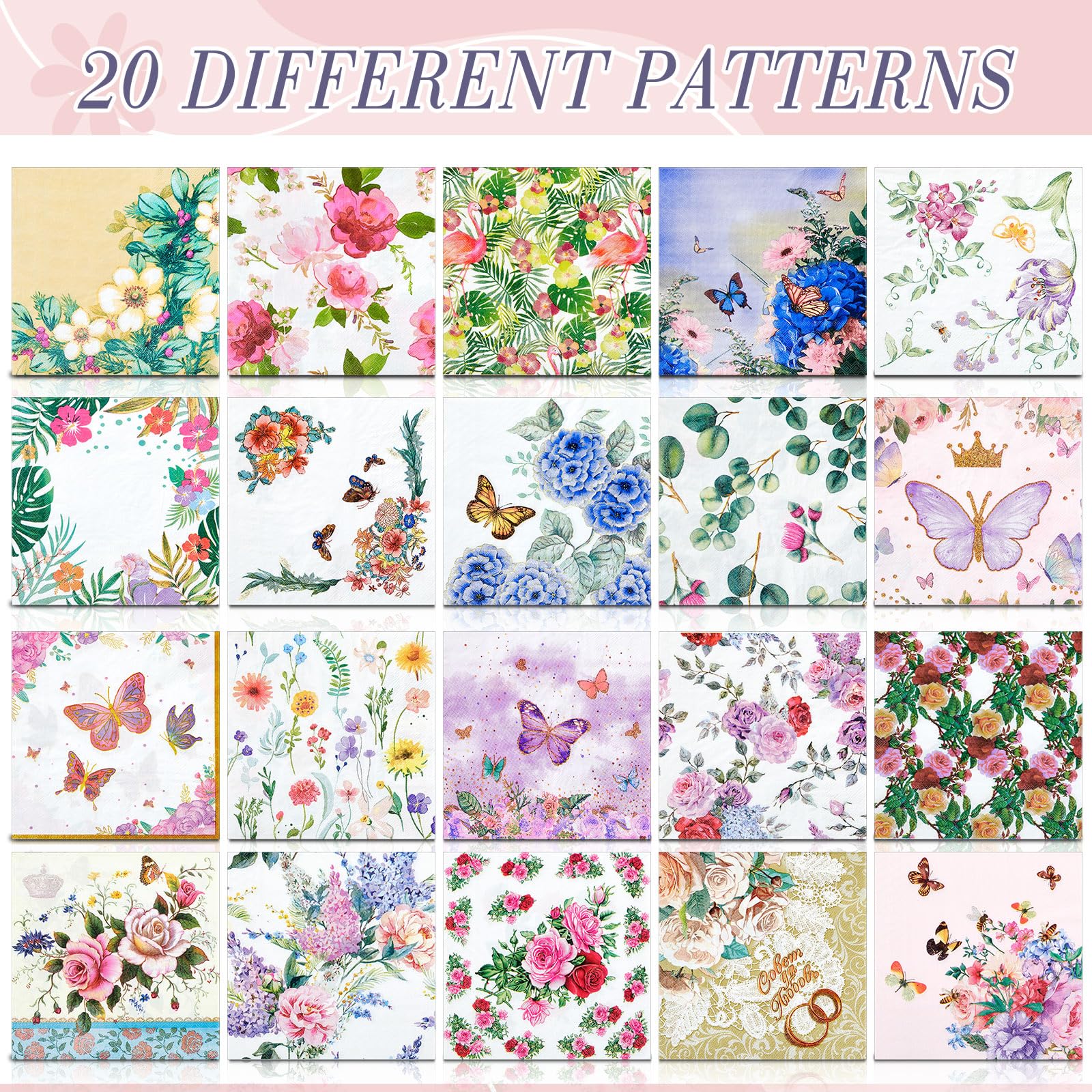 Crtiin 20 Pack Assorted Floral Napkins for Decoupage Toile Napkins Flower Cocktail Decorative Paper for Birthday Party Beautiful Gorgeous, 20 Styles Each 6.5 in(Style 1)