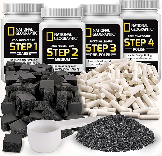 National Geographic Rock Tumbler Media – The Ultimate Rock Polishing Supplies Kit, 4 Stage Bulk Grit, 1.5 Pounds of Ceramic Pellets, GemFoam Polishing Tumbling Media