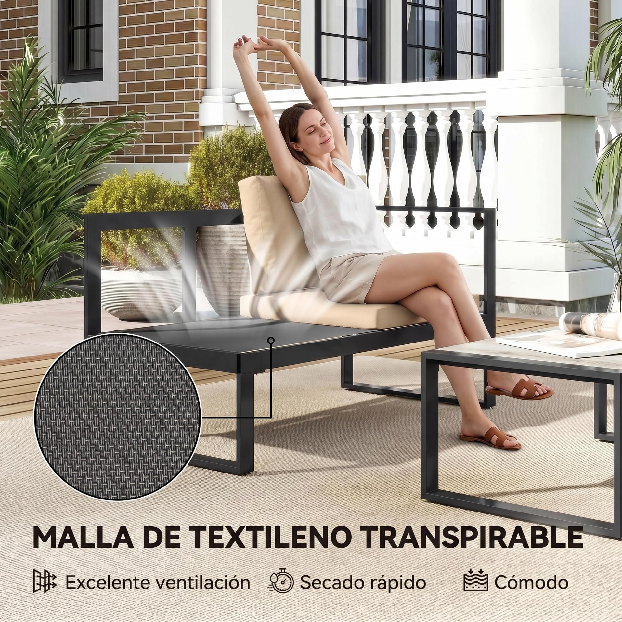 Outsunny Conjunto de Jardín Exterior de 4 Piezas, Muebles Jardín Exterior con 2 Sofás de 2 Plazas, 1 Sillón sin Brazos y Mesa de Centro, Conjunto de Sofá con Estructura de Acero y Cojines, Caqui