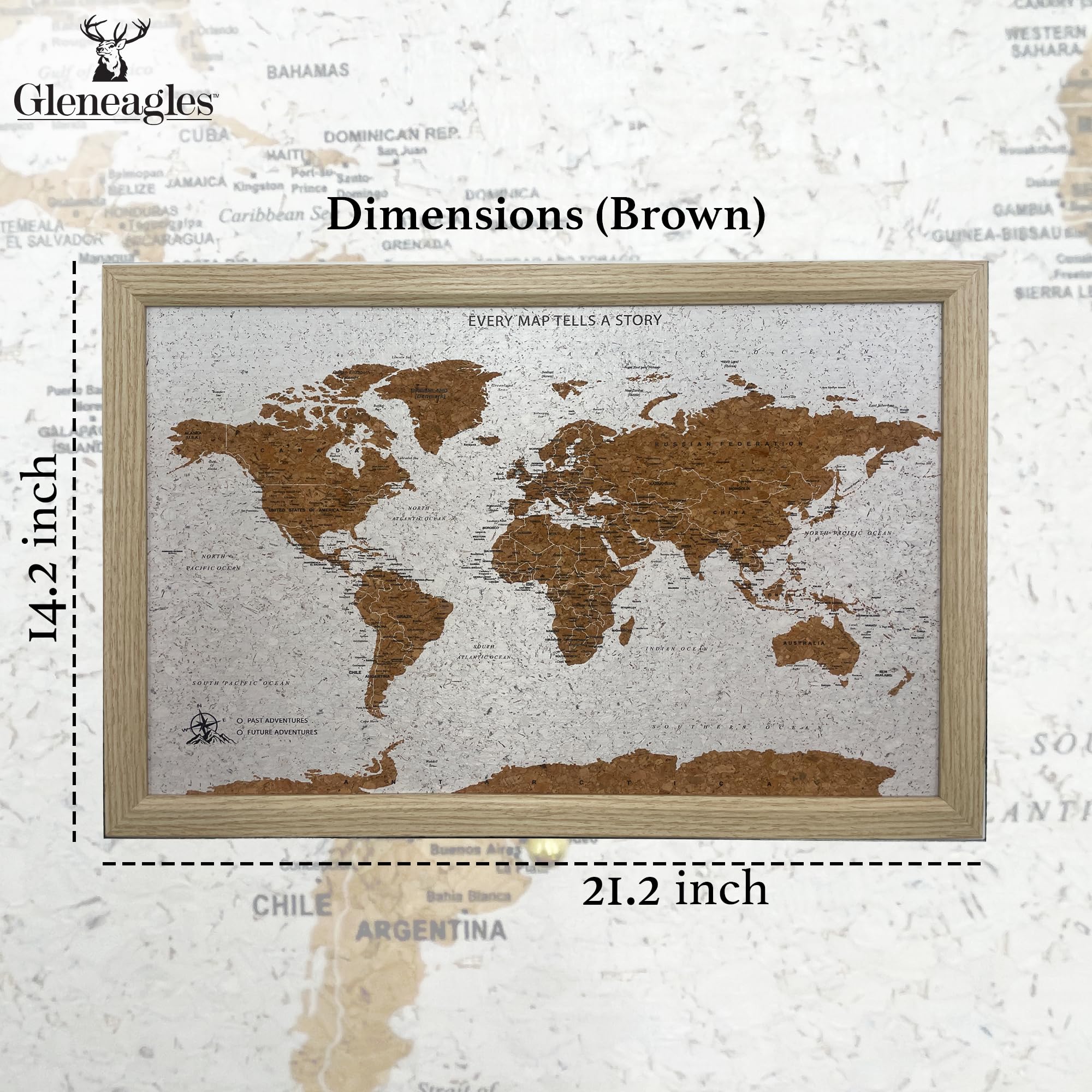 Gleneagles Weltreisekarte & Pinnwand, gerahmte Pinnwand, Kork-Holz-Design, 100 Pinnnadeln im Lieferumfang enthalten, personalisierbares Wanderlust-Dekor für Reisende (Beige)