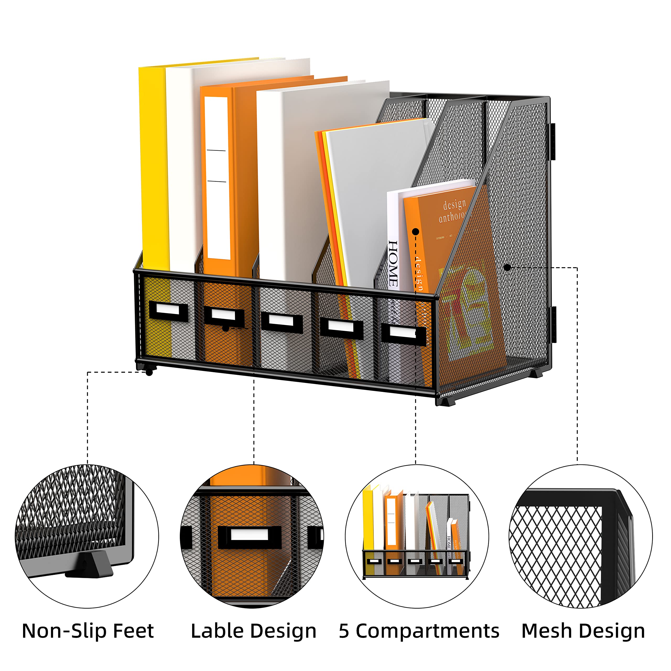 DALTACK Organizer da scrivania in metallo con 5 scomparti verticali, per ufficio, casa, scuola, colore nero