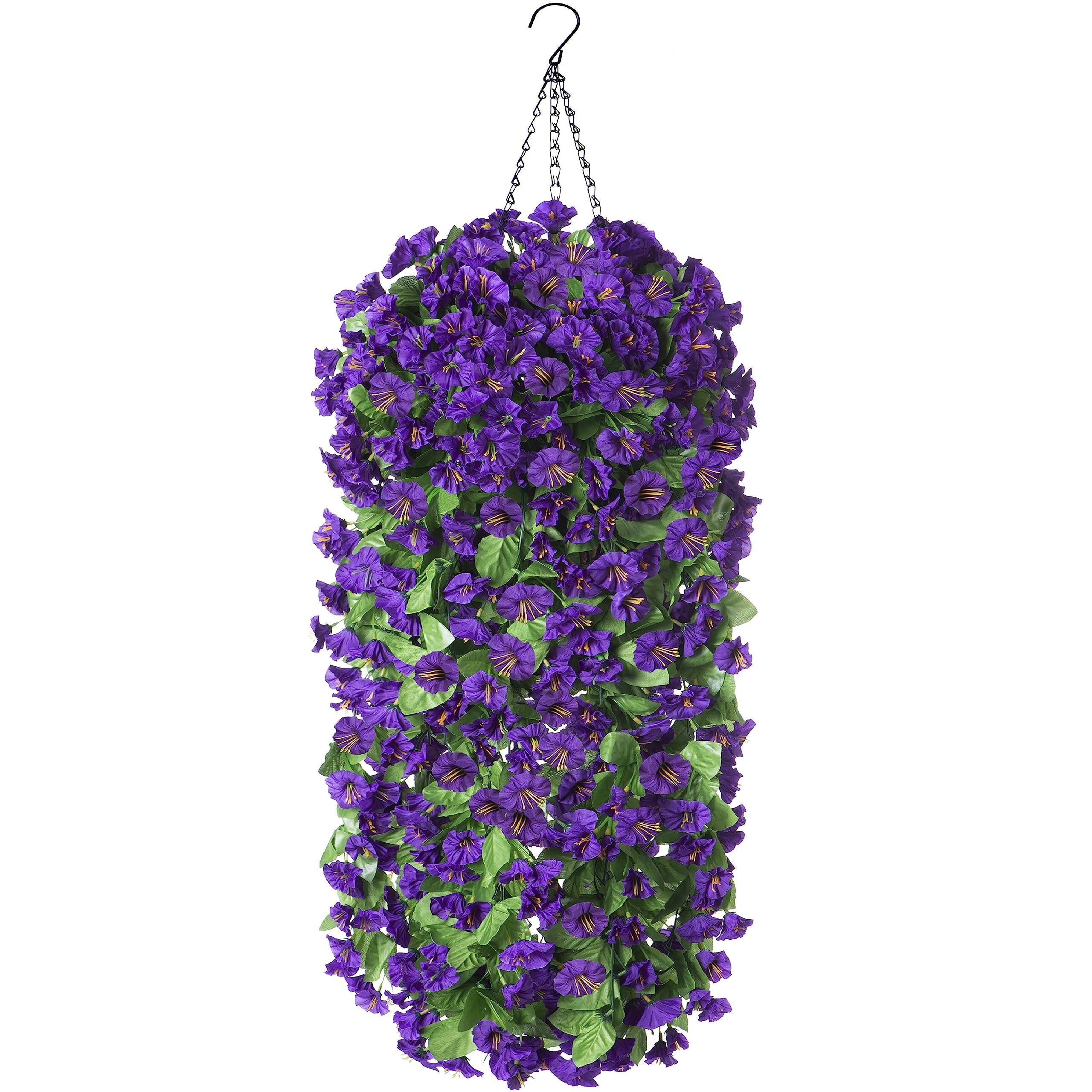 Artificial Fake Hanging Flowers Plants Basket for Spring Outdoor Outside Porch Decoration, Faux Silk Purple Morning Glory Long Vines in Planter UV Resistant Look Real for Home Balcony Patio Yard