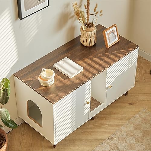 Miniatura 5 de JanflyHome Caja de arena doble para gatos, armario oculto para 2 gatos, grande con almohadilla para rascar, color blanco