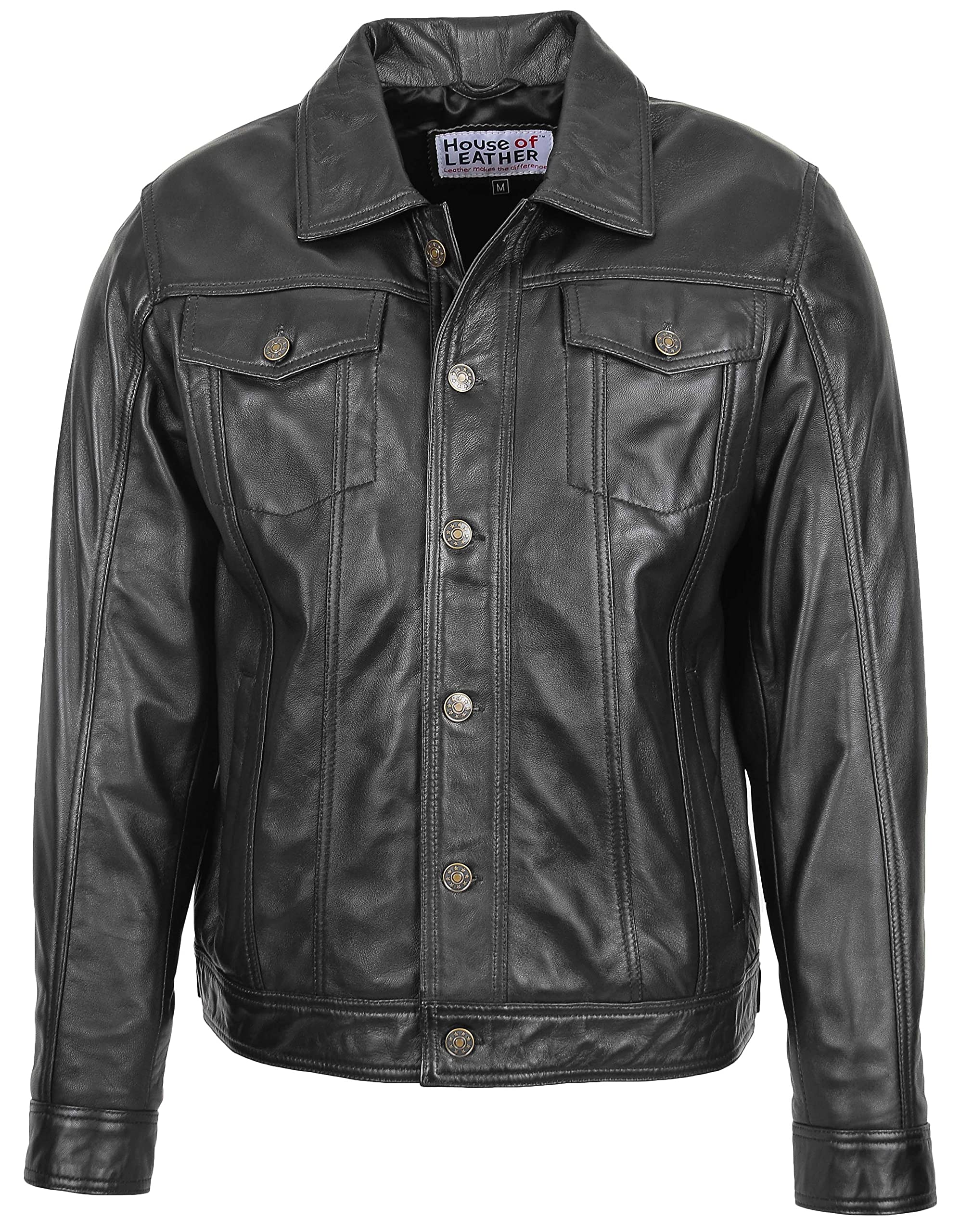 House of Leather Men's Trucker Jacket - Leather - Black - L