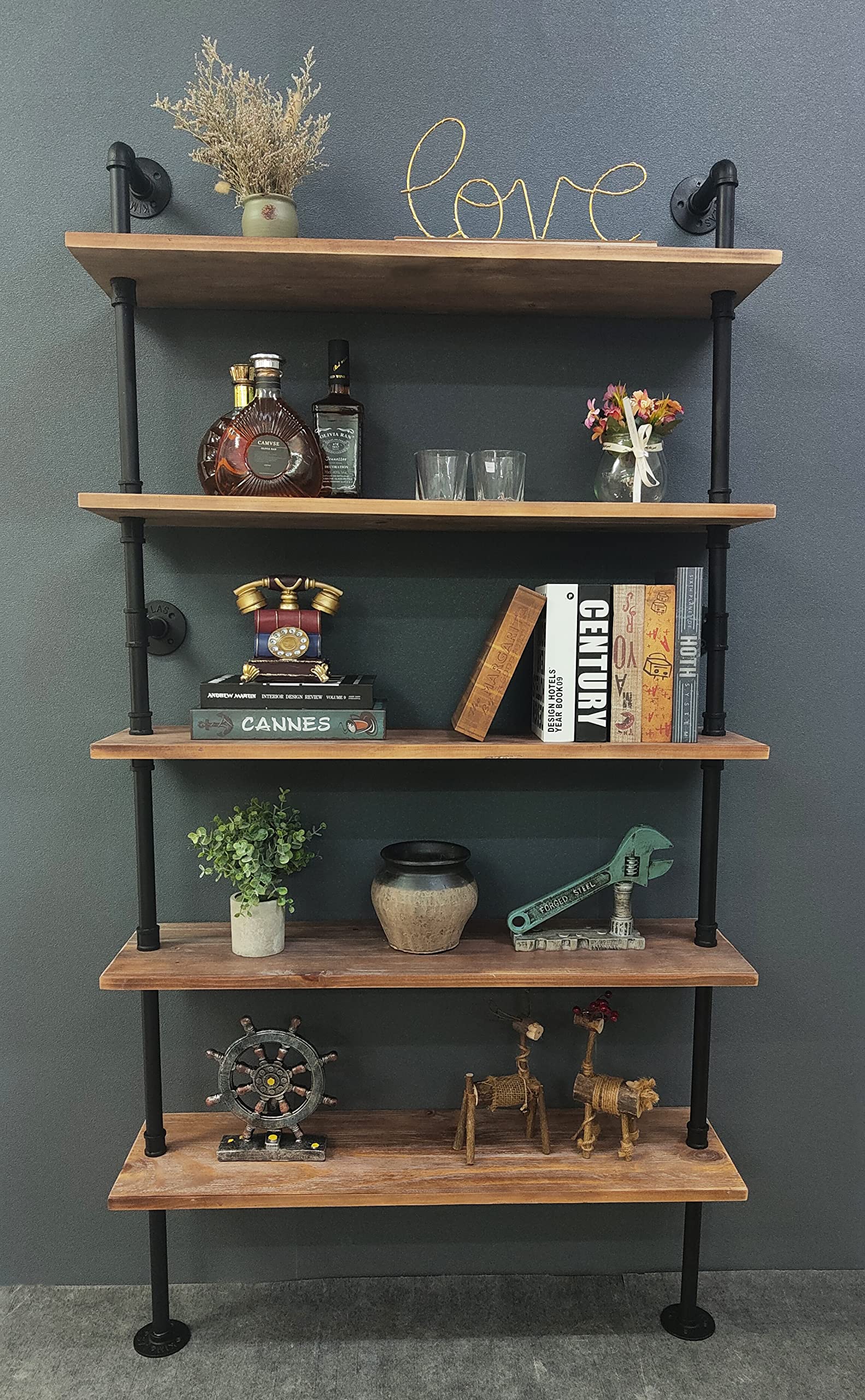 5 Tier Industrial Ladder Shelf Bookcase, Wall Mounted Rustic Bookshelf