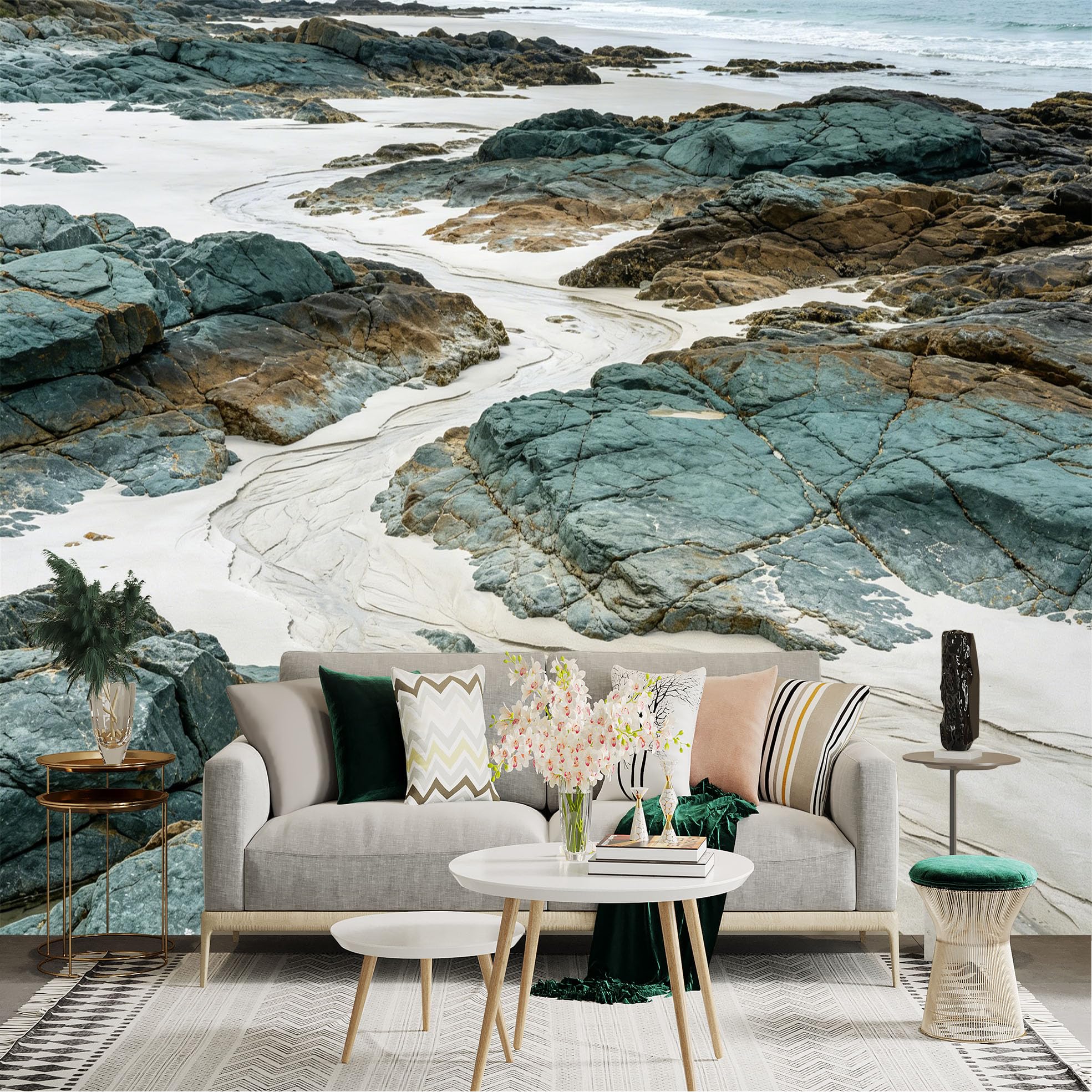 Lnzczhyre Dbh260521796 Custom Size Wall Sticker Mural， Coastal Beach Landscape With Textured Rocks And Sandy Shore， For Wall Decoration， Peelandstick Wall Decals.